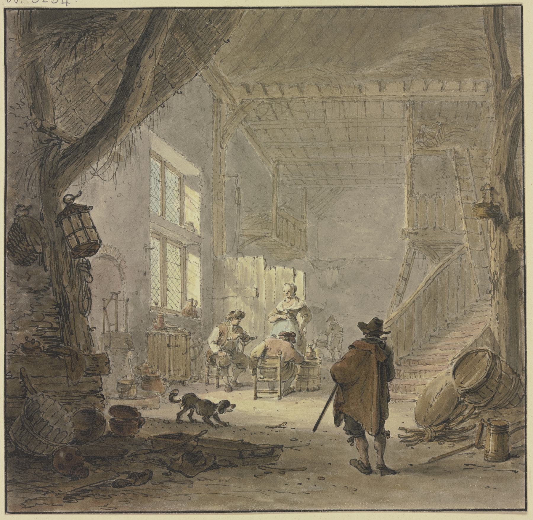 Interior scene with two men and a woman by a window, oil painting by Hendrik Meyer
