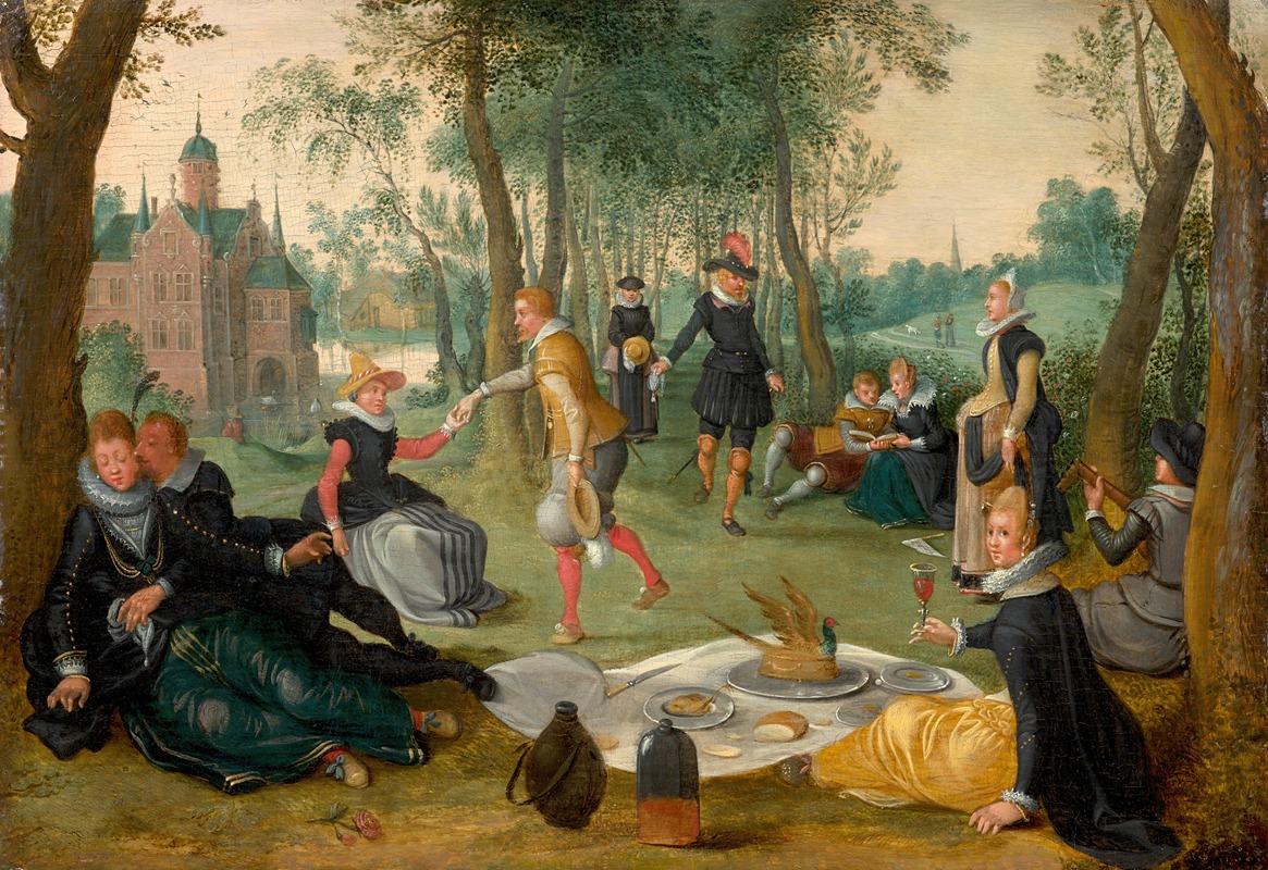 A painting depicting a group enjoying lunch in a serene landscape.