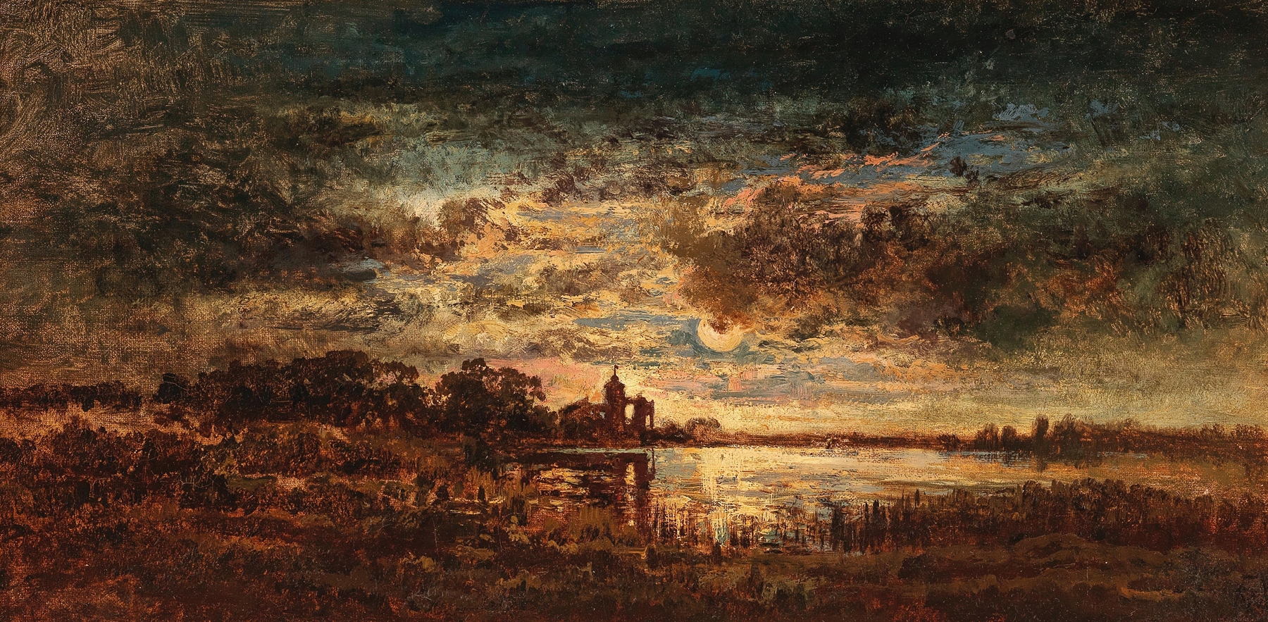 Landscape in moonlight by Anton Waldhauser, oil on canvas depicting twilight reflections.