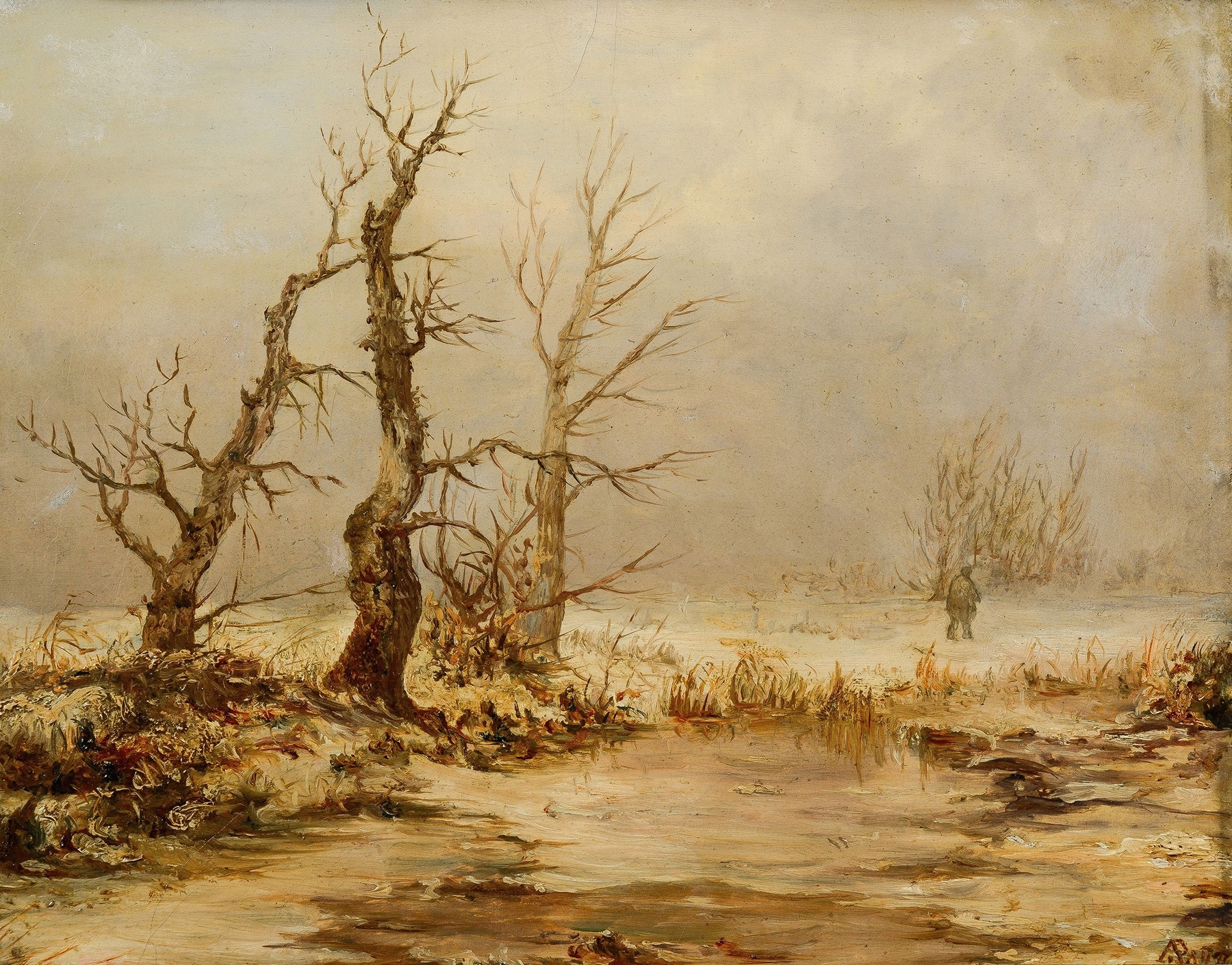 Wintry landscape by August Piepenhagen, depicting a snowy scene with trees and a soft horizon.