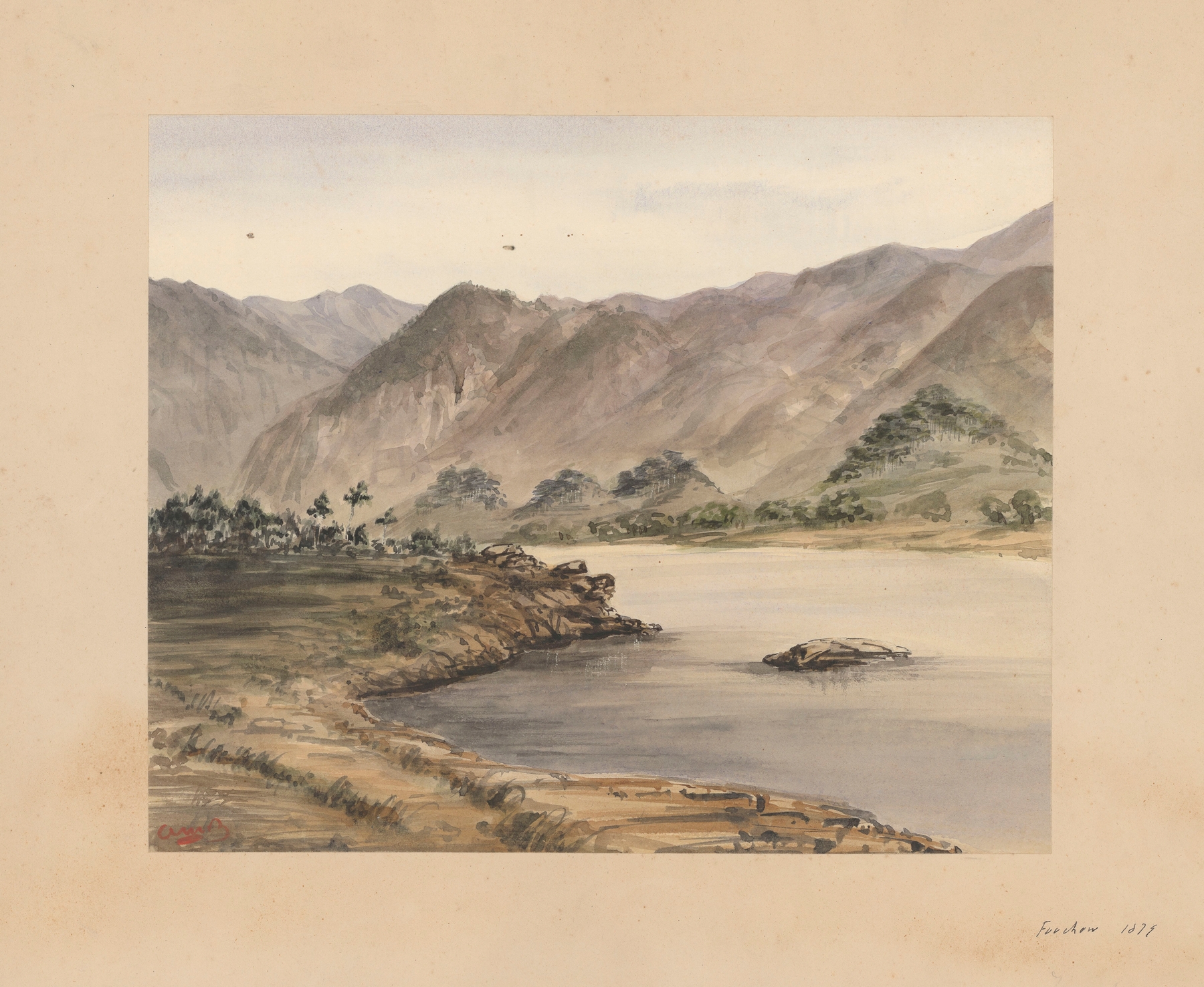 Abstract watercolor by Auguste Mouillesaux de Bernières depicting calm blues and grays.