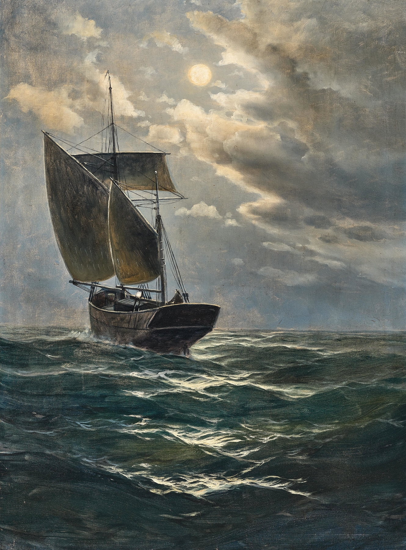 Fishermen in the moonlight by Max Jensen, oil painting