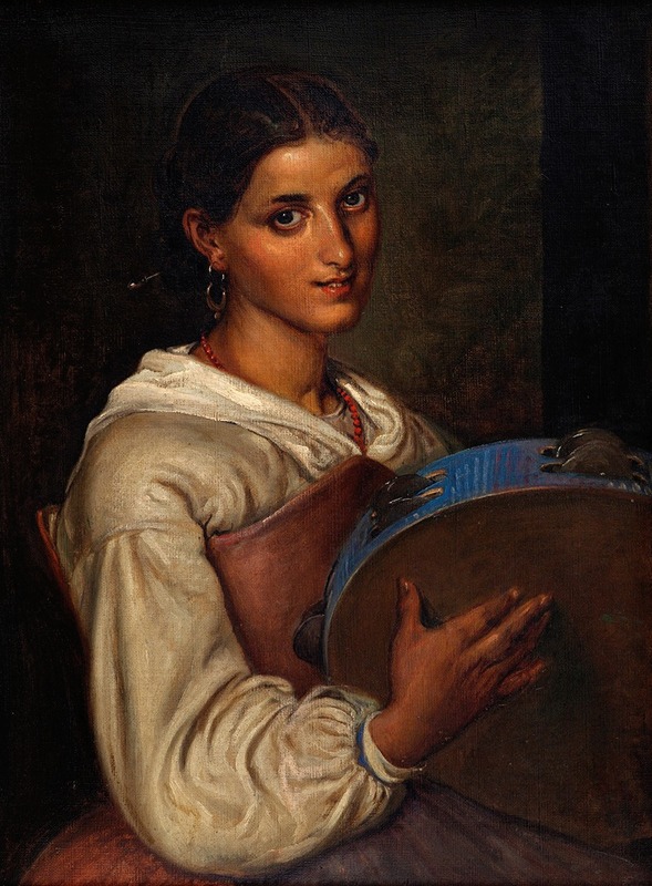 A portrait of an Italian girl holding a blue tambourine.