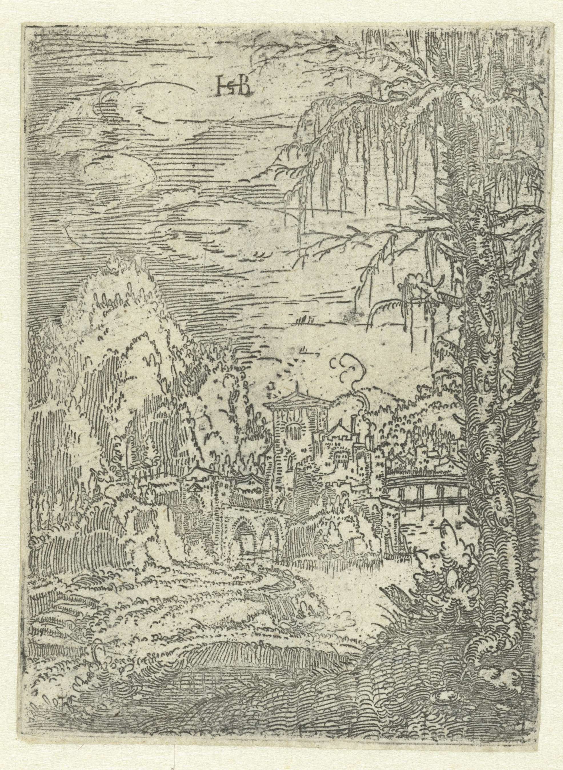 Landscape etching by Jacob Binck featuring a city by a river with golden light