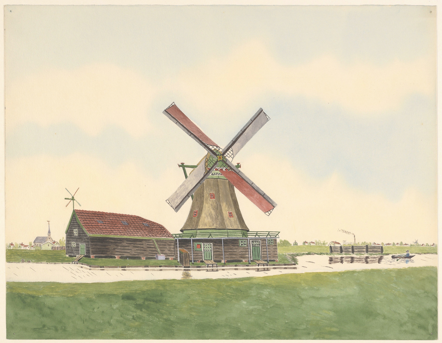 Oliemolen Het Jonge-Big met stilletje boven het water, oil on canvas by Johannes Nicolaas Eijman