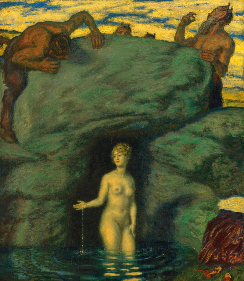 A painting depicting a nymph being observed by fauns.