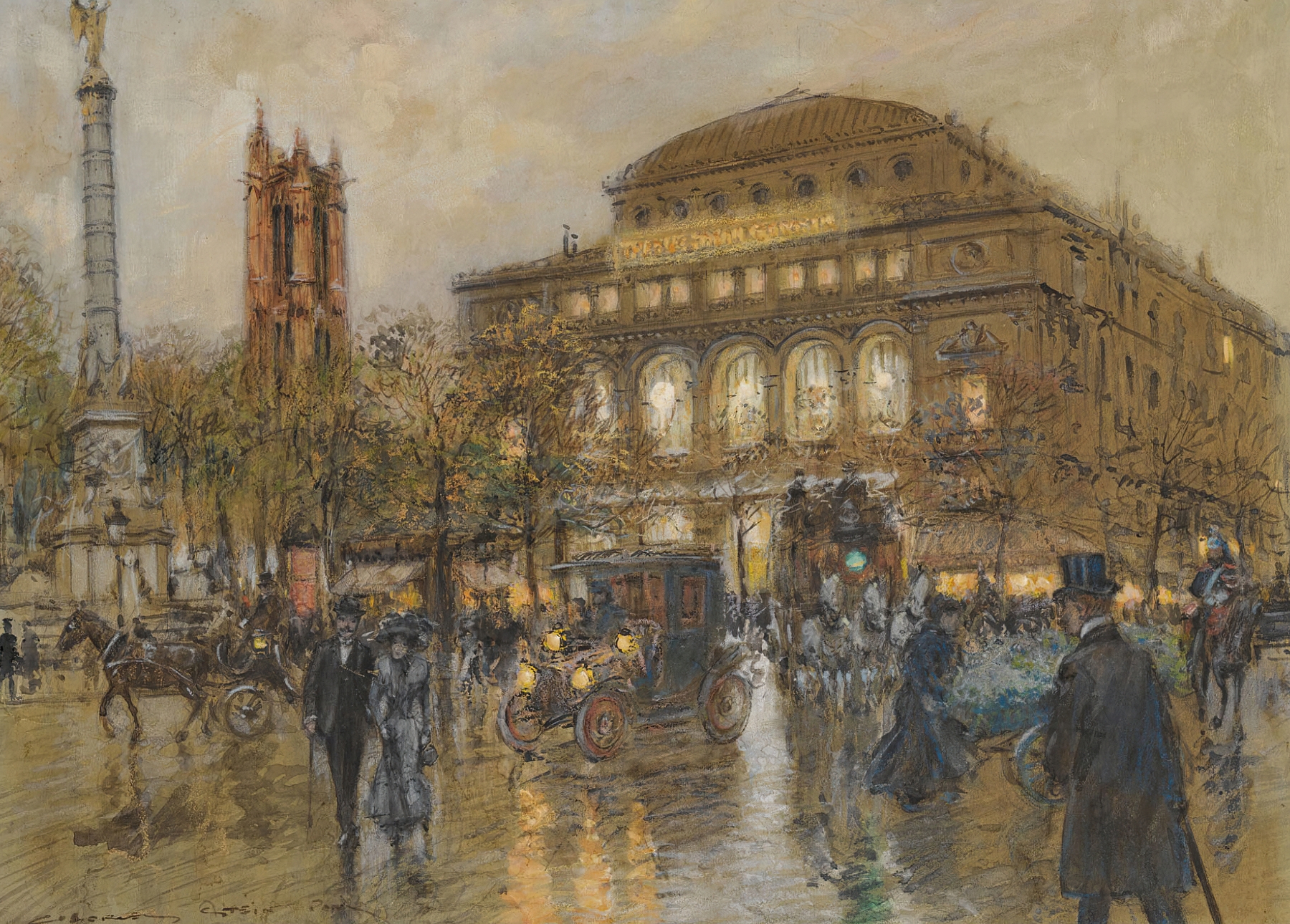 Impressionist artwork by Georges Stein featuring Théâtre Du Châtelet and Tour St. Jacques, Paris