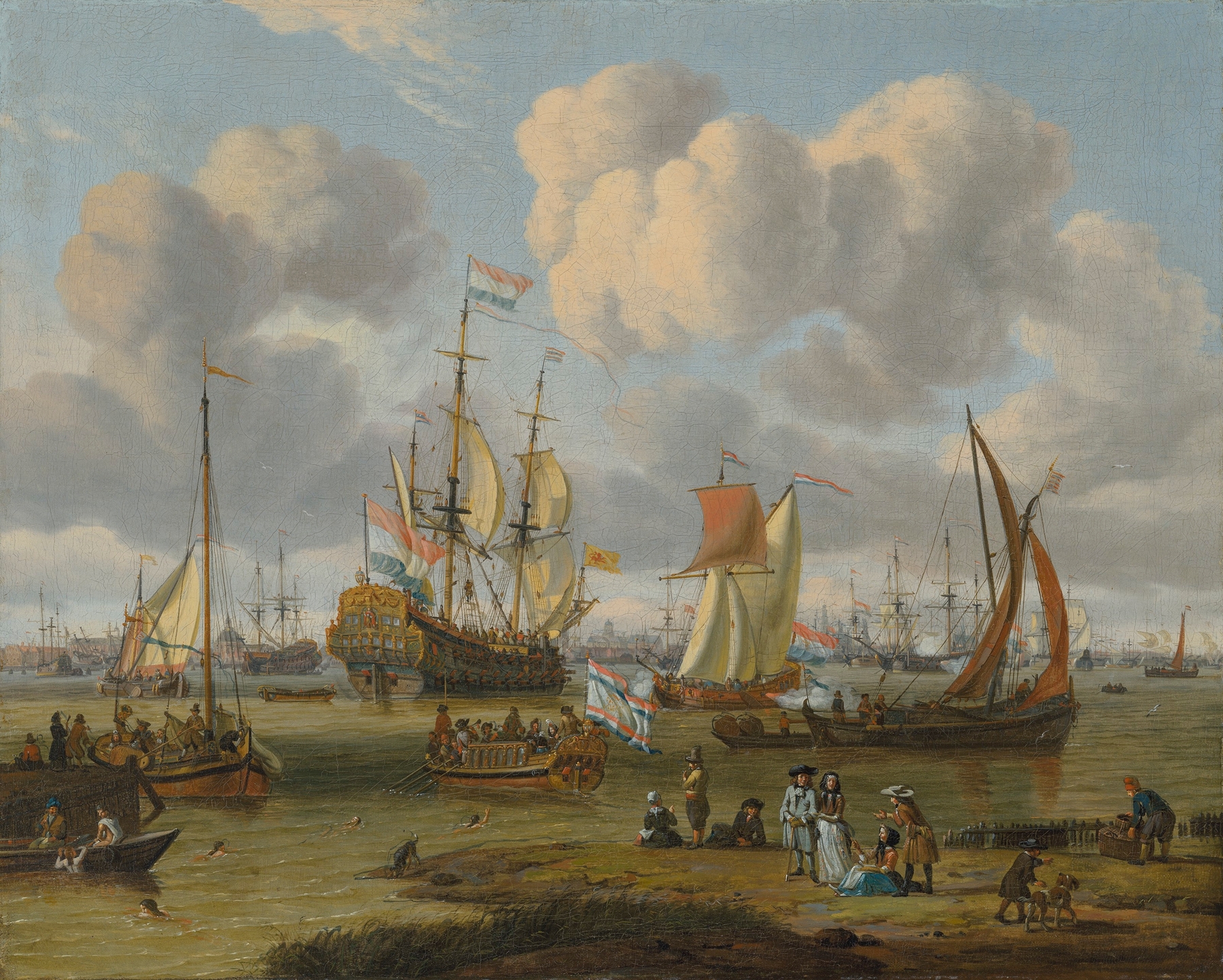 Shipping off Amsterdam with figures on a quay, by Abraham Storck, public domain