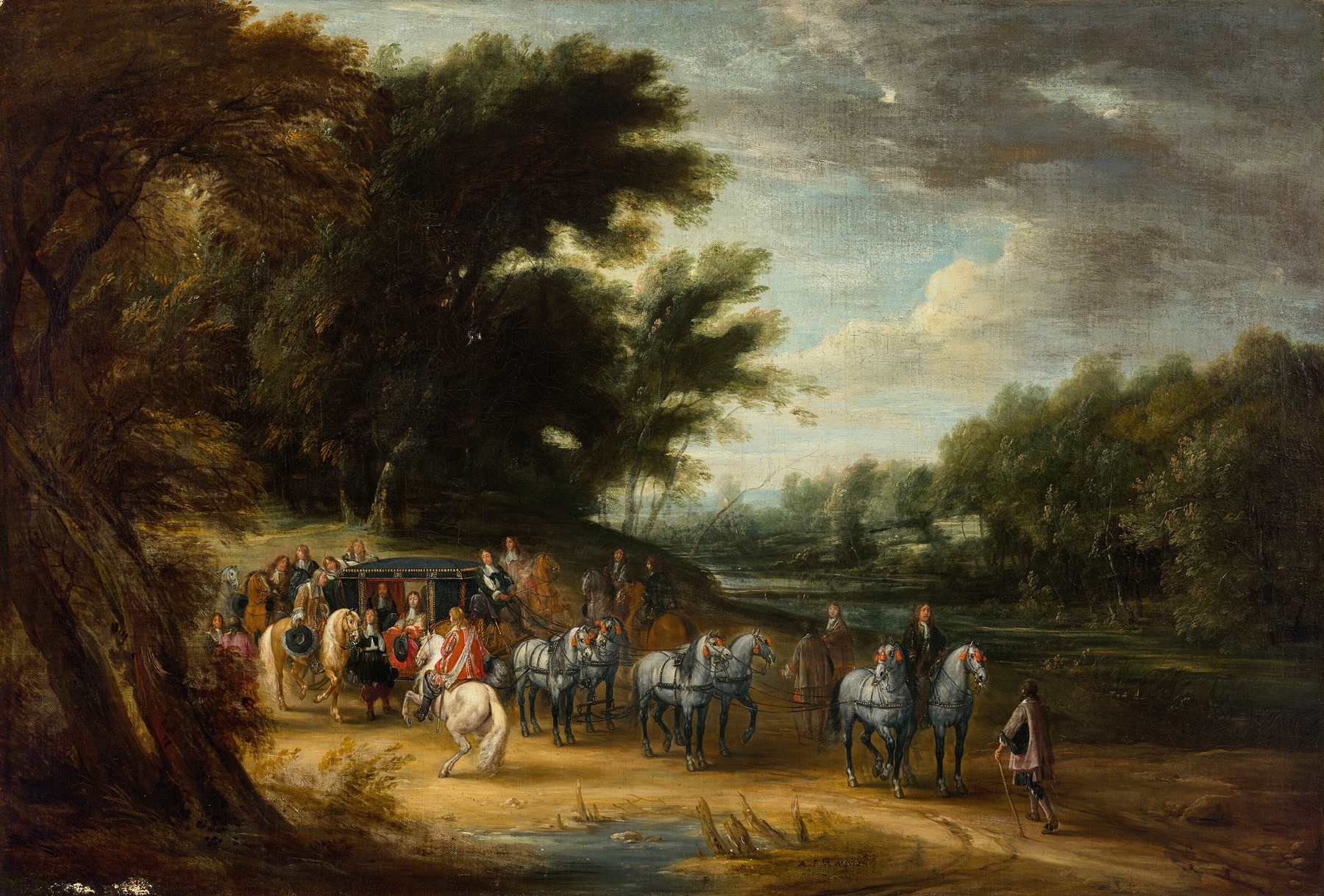Historical scene with a nobleman in a state coach, by Adam Frans van der Meulen, oil painting