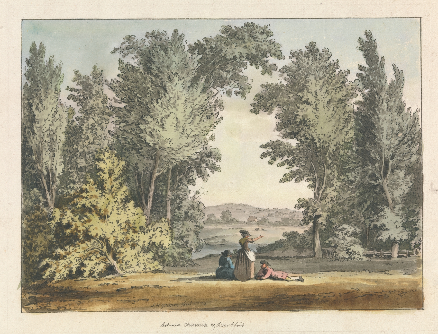 Watercolour on paper by Samuel Hieronymus Grimm depicting hills and a river