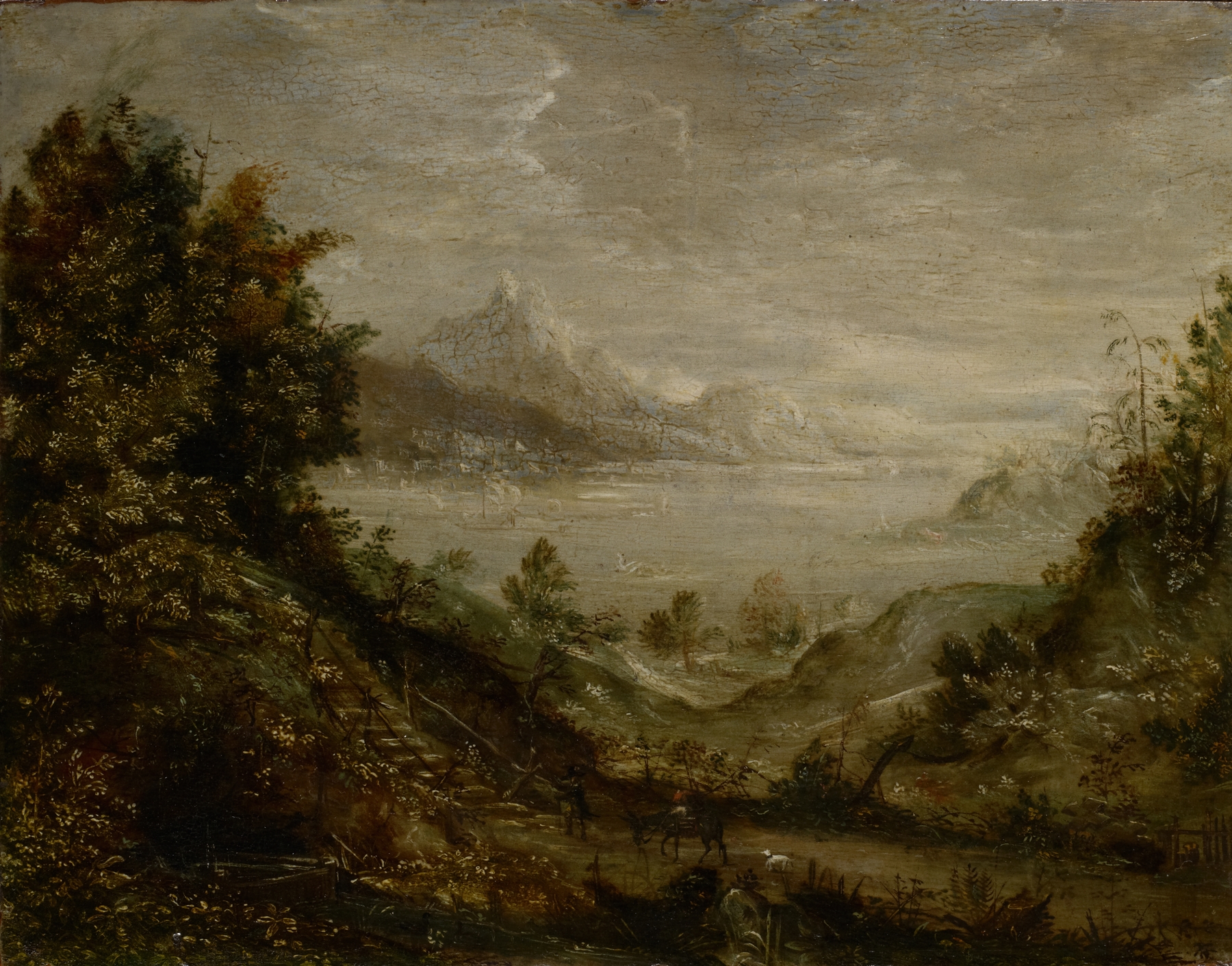 Landscape with Lake by Matthäus Merian the elder, Baroque style, depicting hills and calm water.