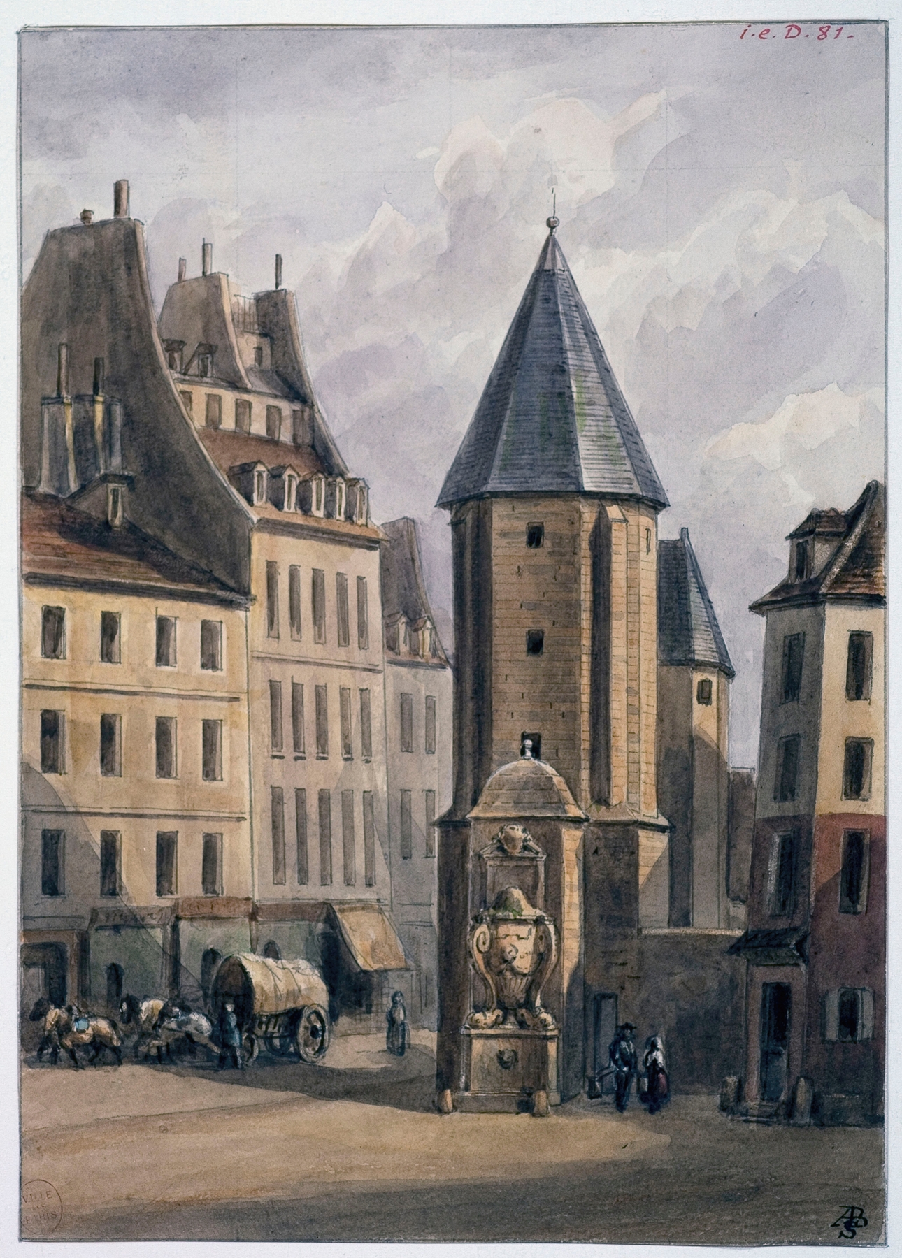 Engraving by Auguste-Sébastien Bénard depicting abbey ruins with gentle light.