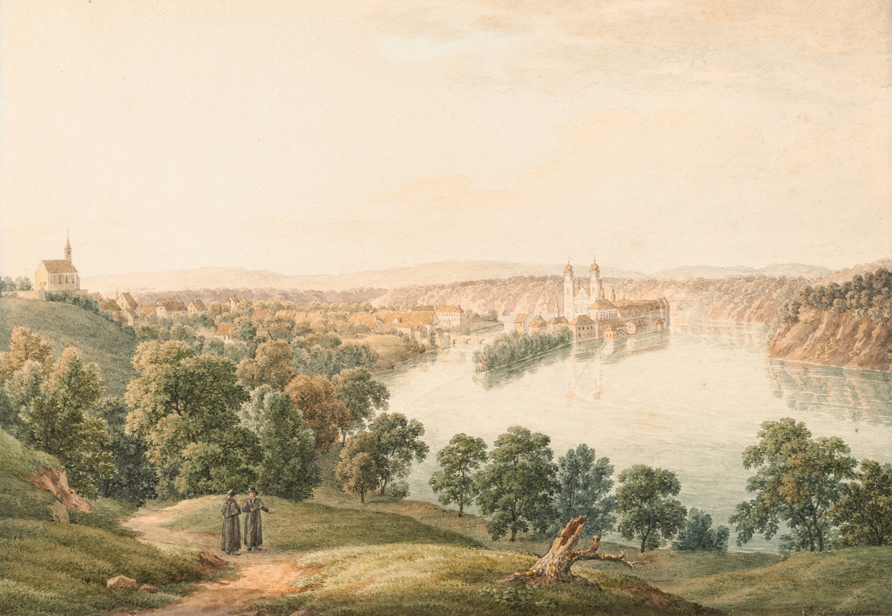 Rheinau by Johann Heinrich Luttringhausen, depicting a tranquil river landscape in an unknown medium.