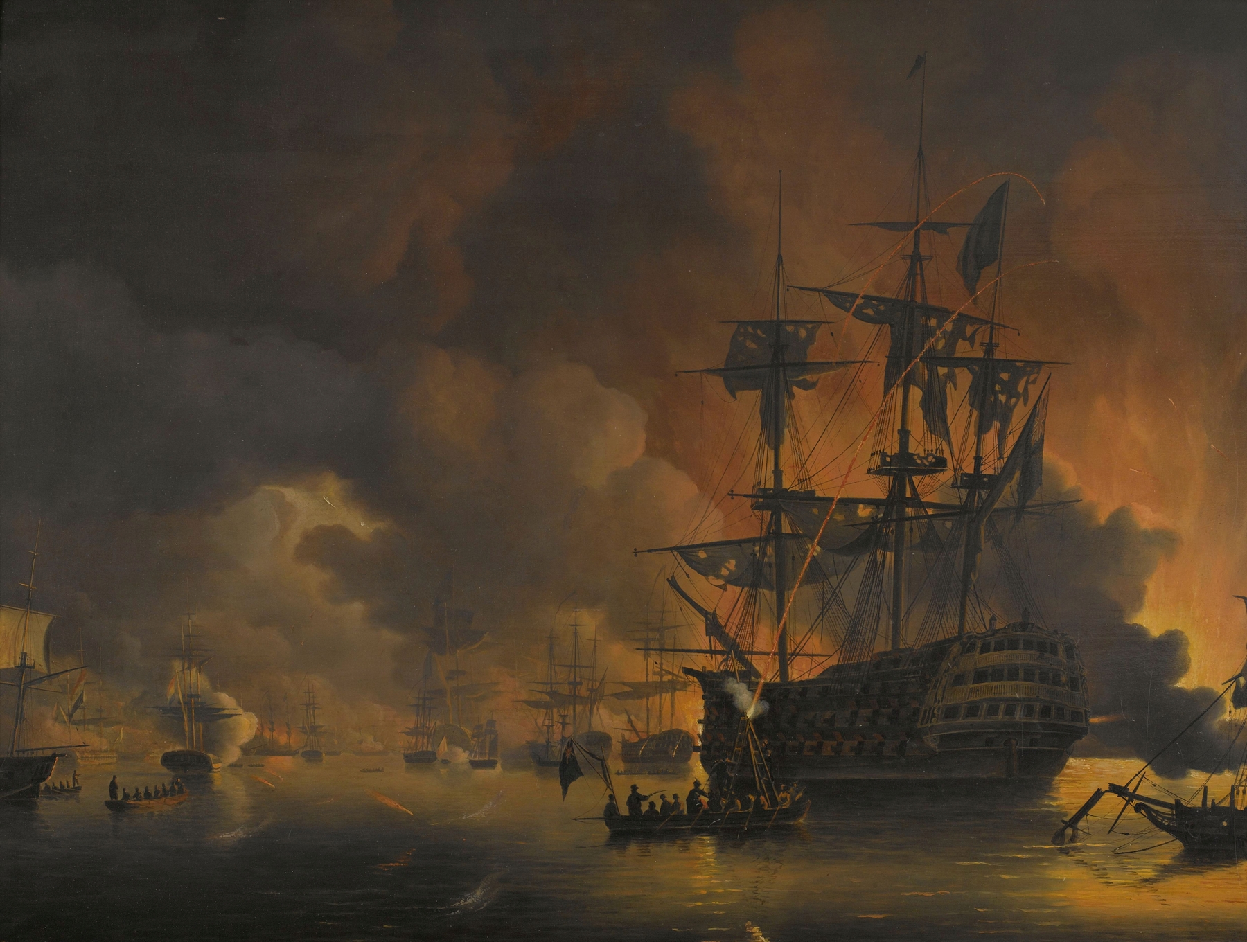 Historical scene of fire on the wharves by Nicolaas Baur, oil on canvas