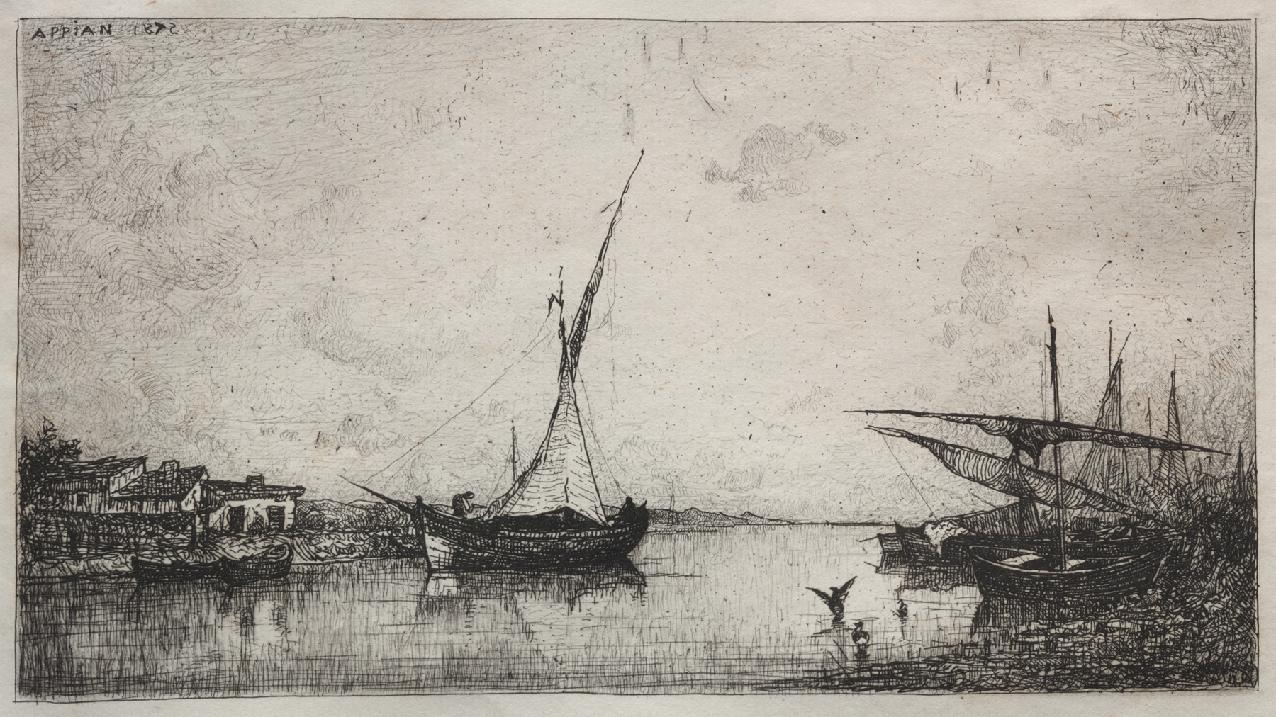 Canal at Martiques, oil on canvas by Adolphe Appian, depicting serene water reflections.