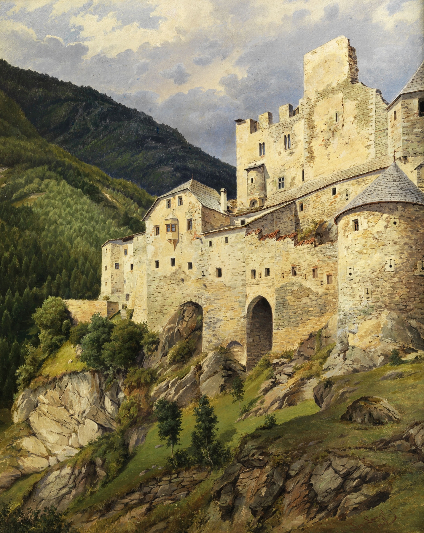 Burg Taufers by Josef Langl, depicting a fortress in light and shadow, medium unknown
