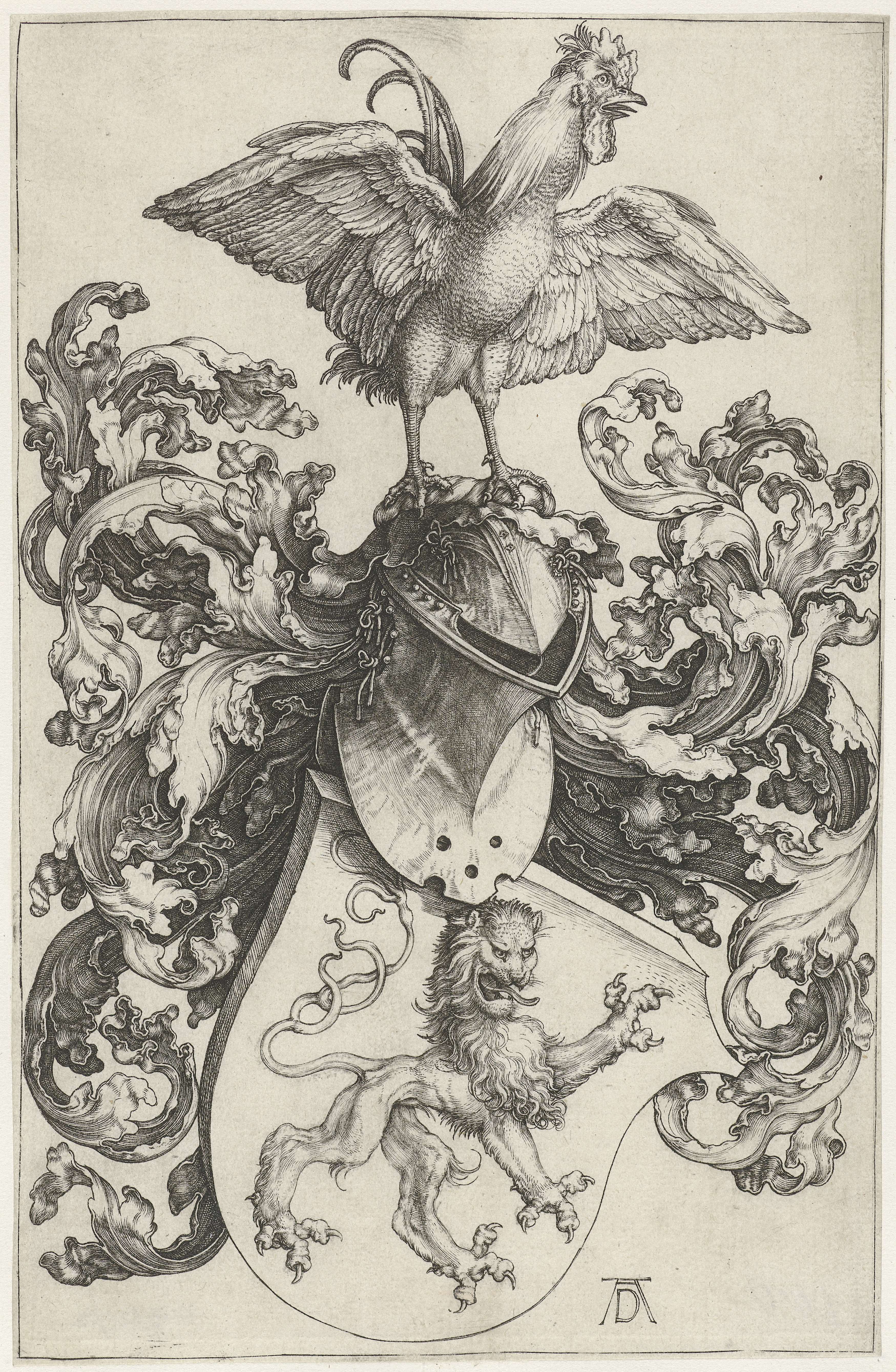 Wapenschild met haan engraving by Albrecht Dürer, featuring a cock on a shield.