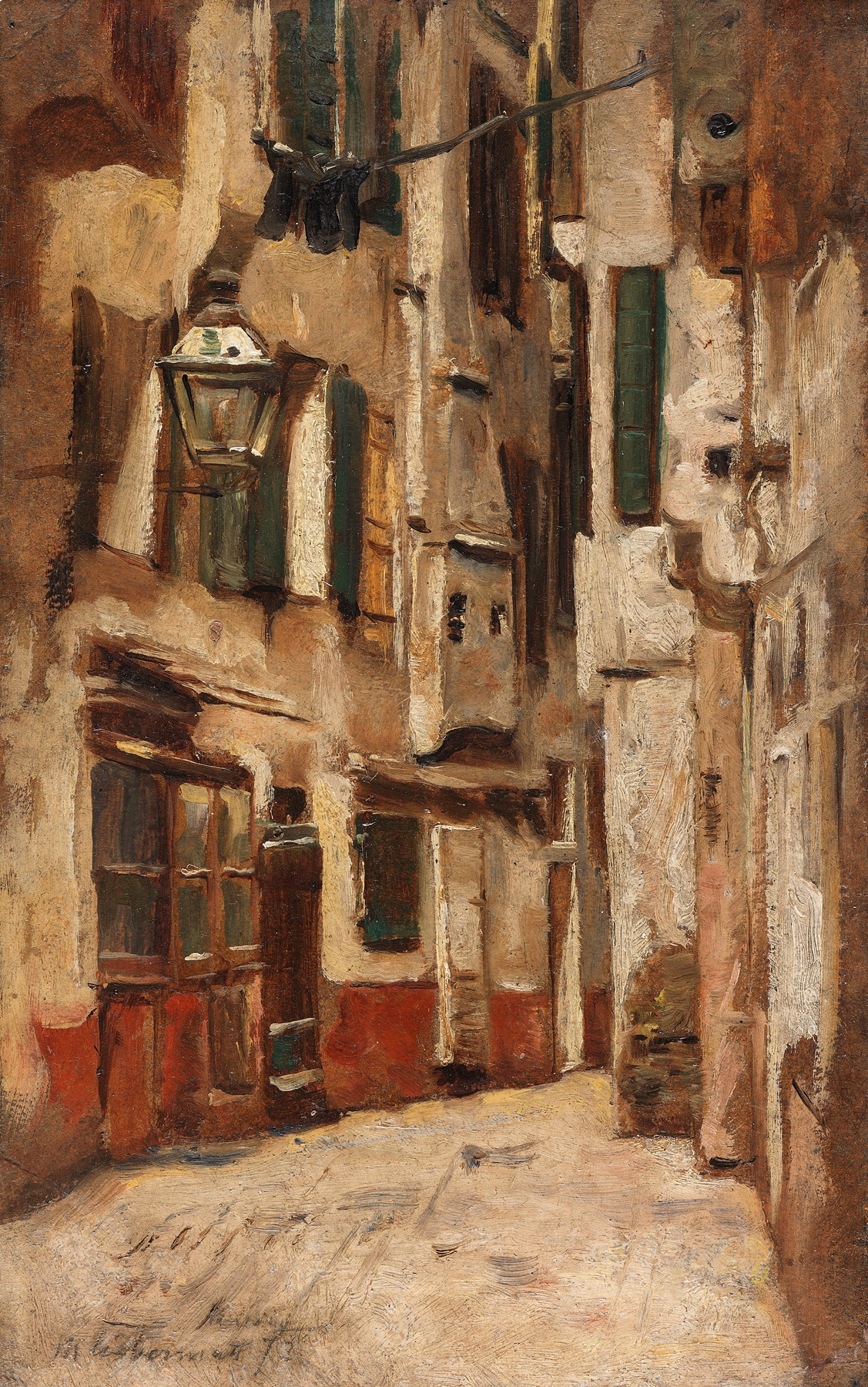 Venezianische Gasse nach rechts by Max Liebermann, oil painting of a sunlit alley with deep shadows.