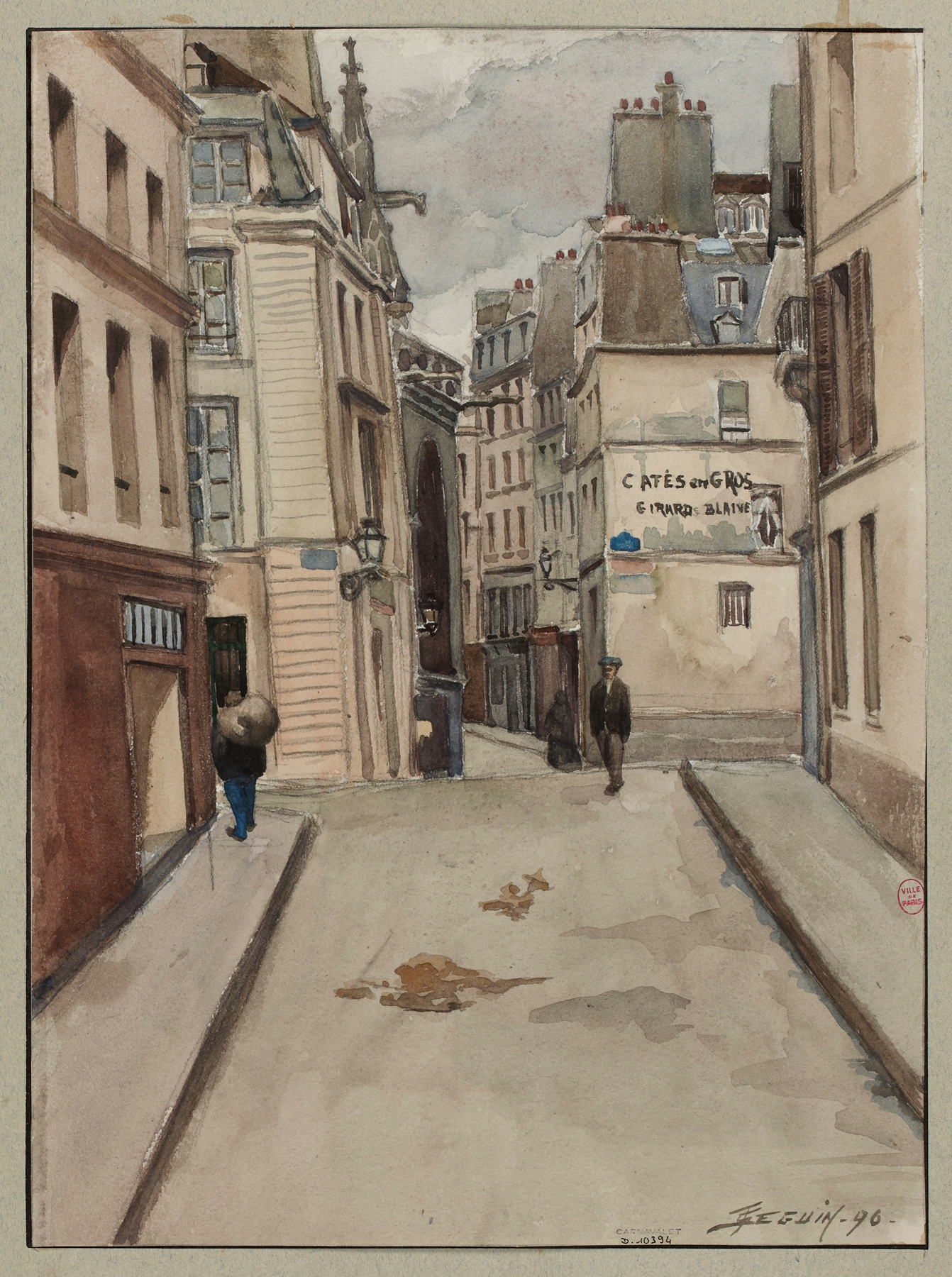 Architecture scene featuring cobblestones and light by F. Séguin, Post-Impressionism