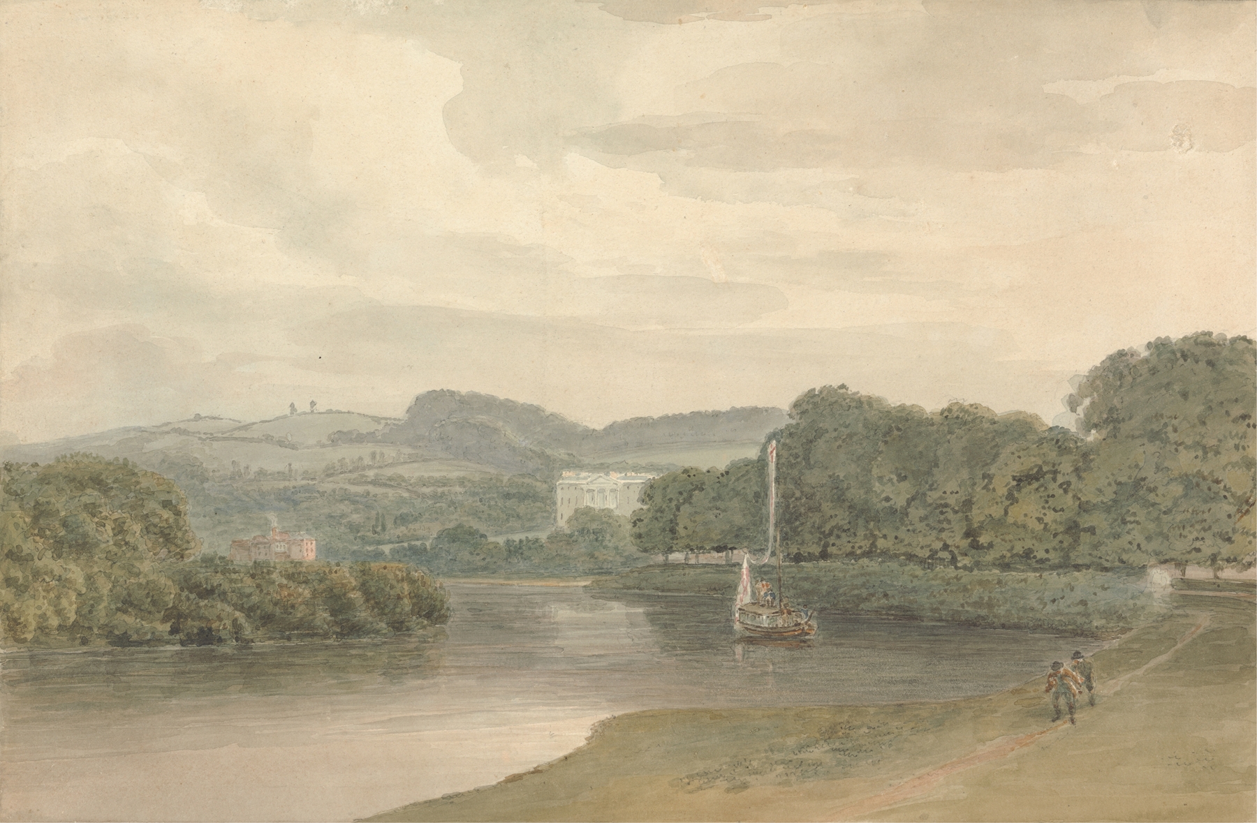 River scene with a country house, oil painting by Samuel Davis