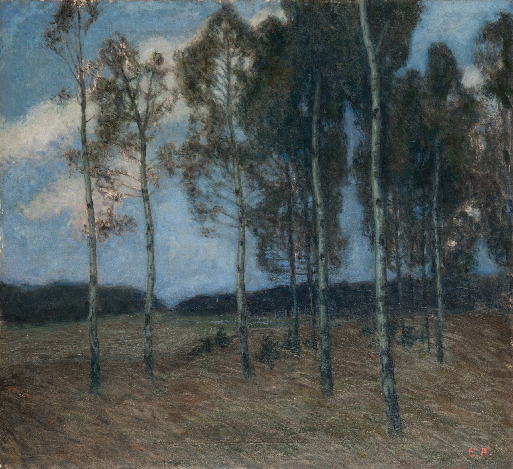 Birch Grove after Sunset, oil on canvas by Ester Almqvist, depicting birch trees at twilight.