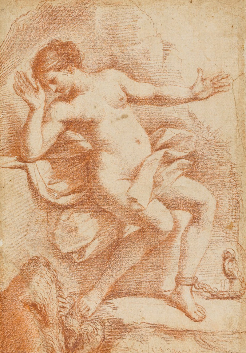 Guercino's painting depicts Andromeda chained to a rock, facing a sea monster.