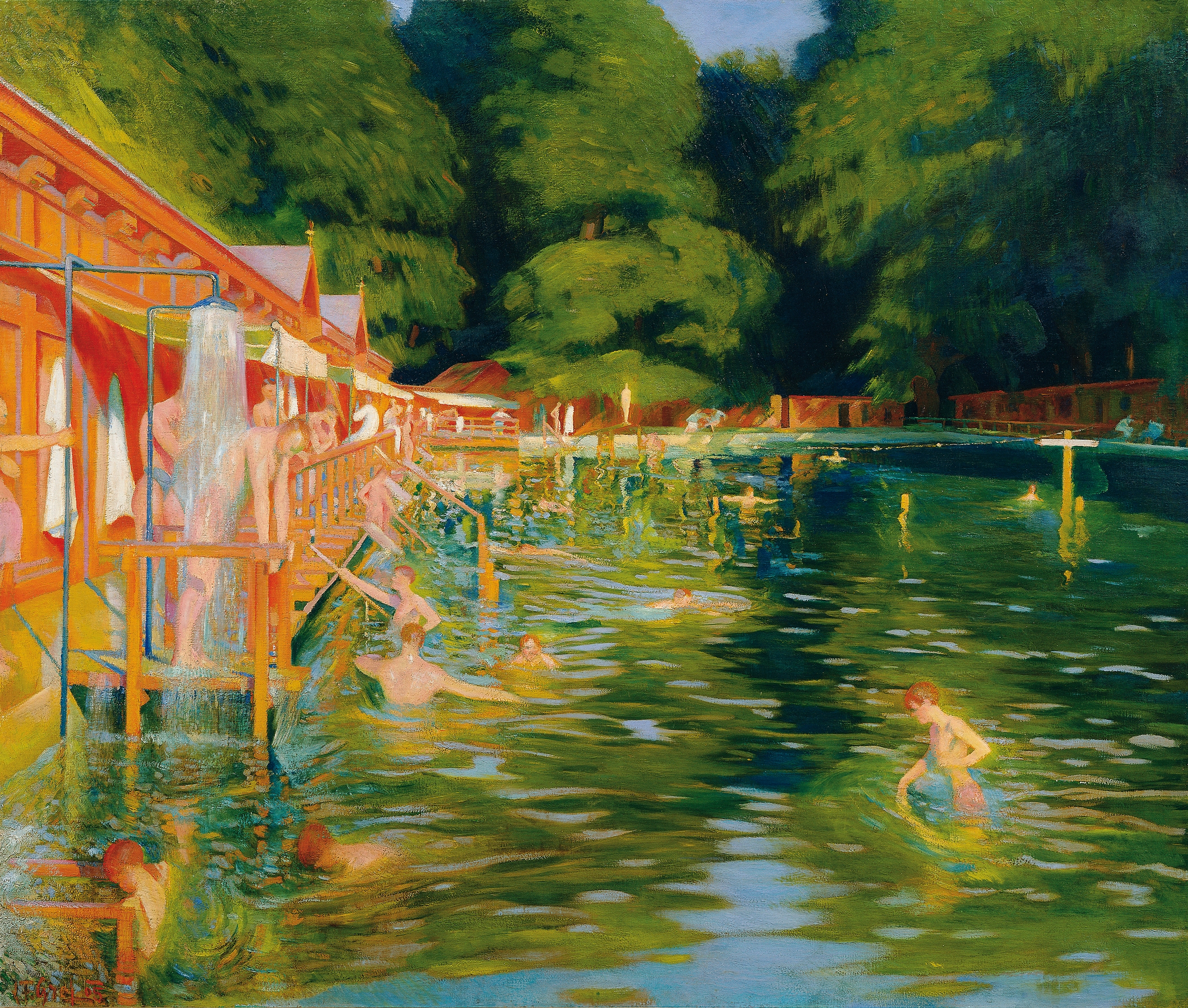 Interior scene of a swimming pool by Ludwig Ferdinand Graf, oil painting