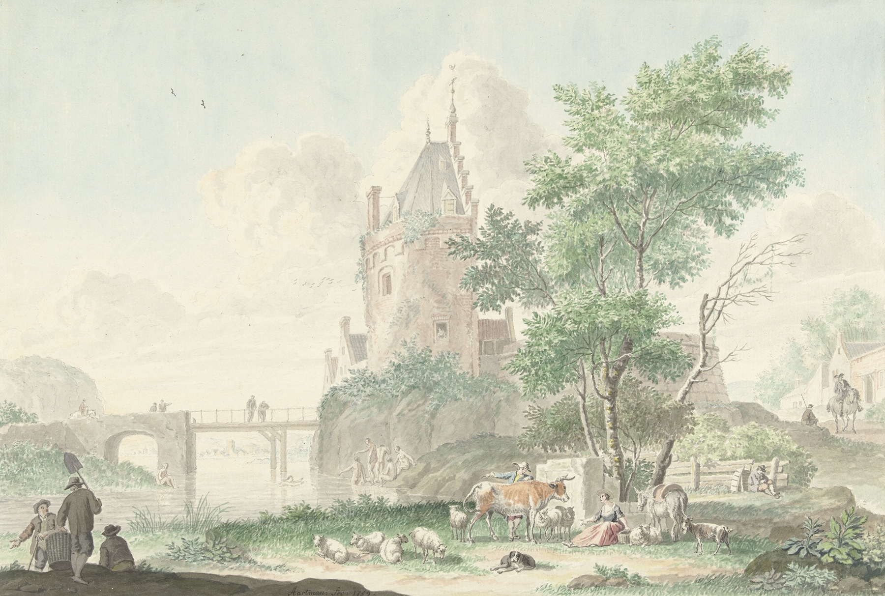 Zomerlandschap met figuren en vee by Nicolaes Aartman, oil on canvas depicting farmers and cattle in a lush landscape.