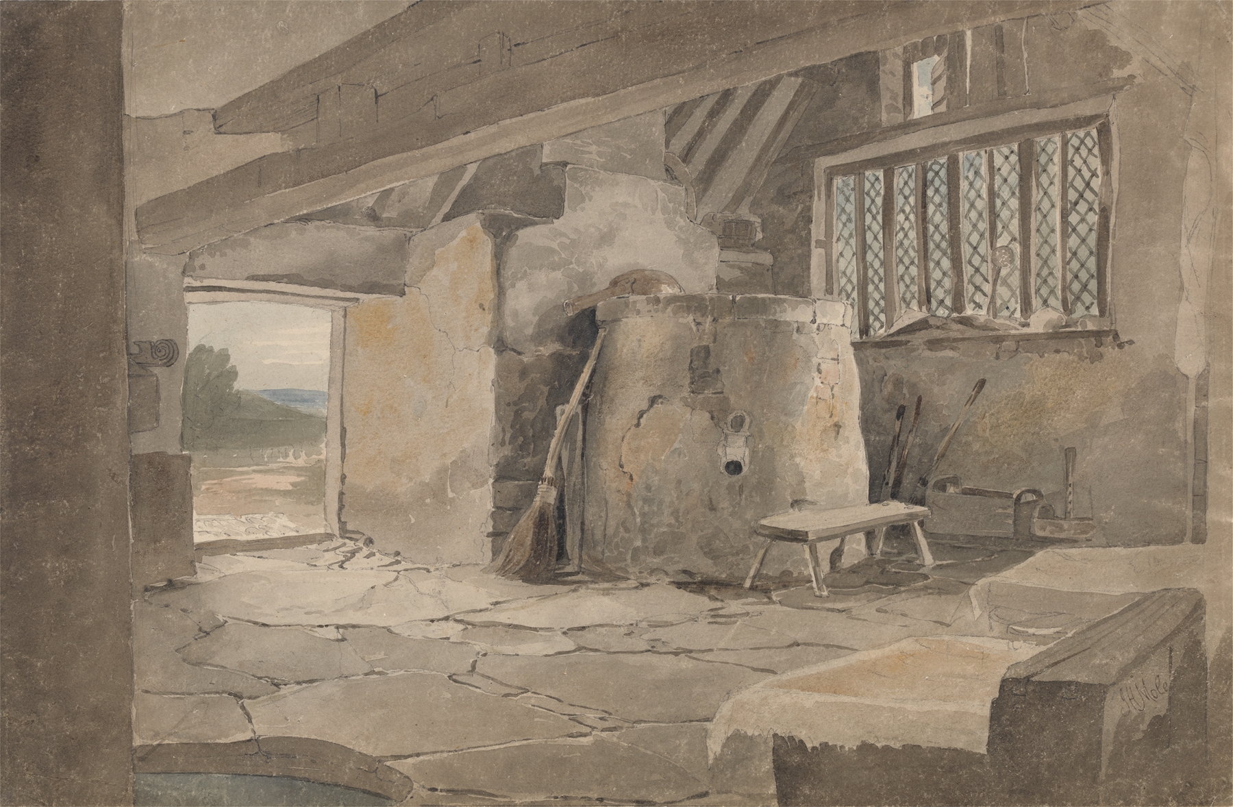 Interior scene with warm light and textured walls by John Henry Mole, oil painting