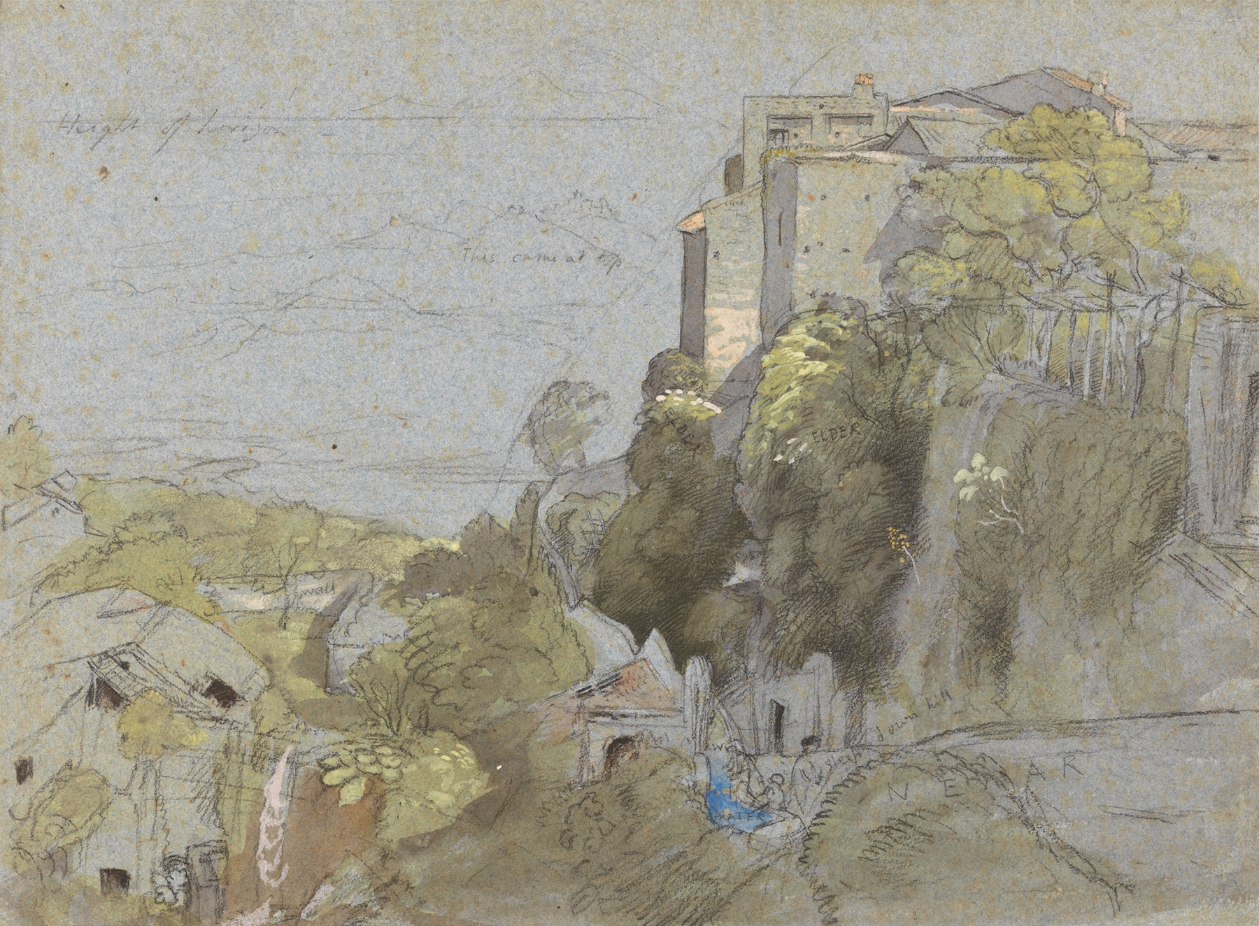 Italian Hill Town by Samuel Palmer, oil on canvas depicting soft hills and a village under celestial light.