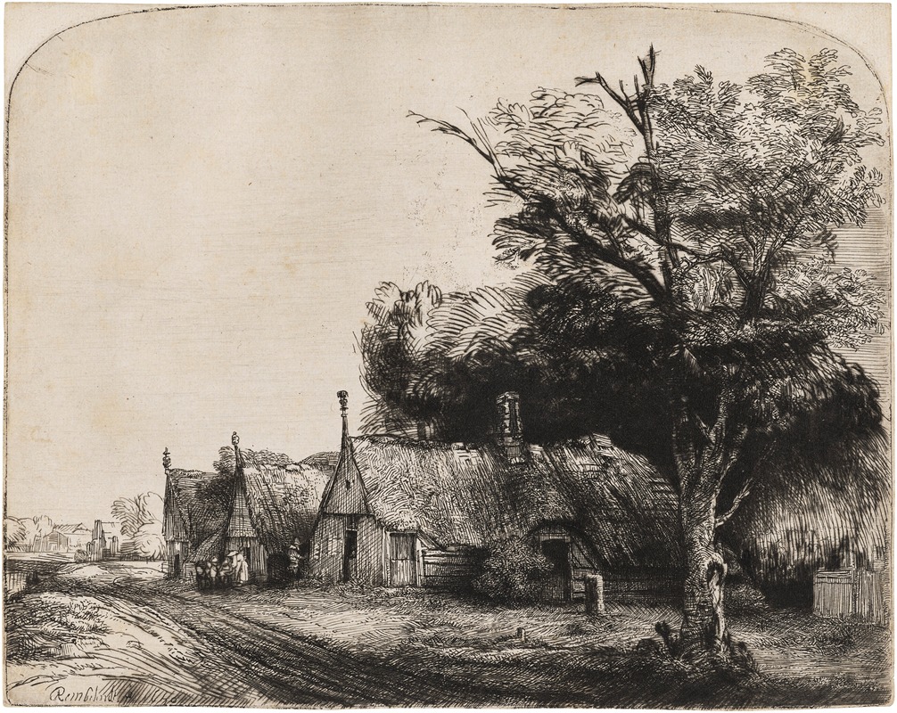 A serene landscape featuring three gabled cottages beside a road.