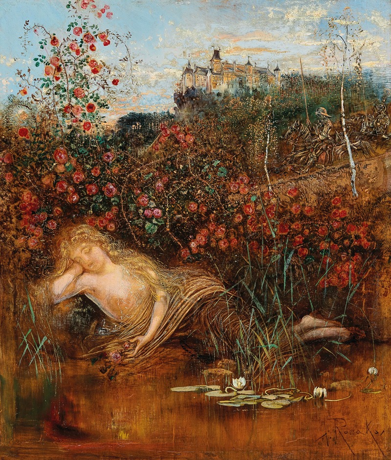 A nymph rests under a rose hedge in Anton Romako's painting.