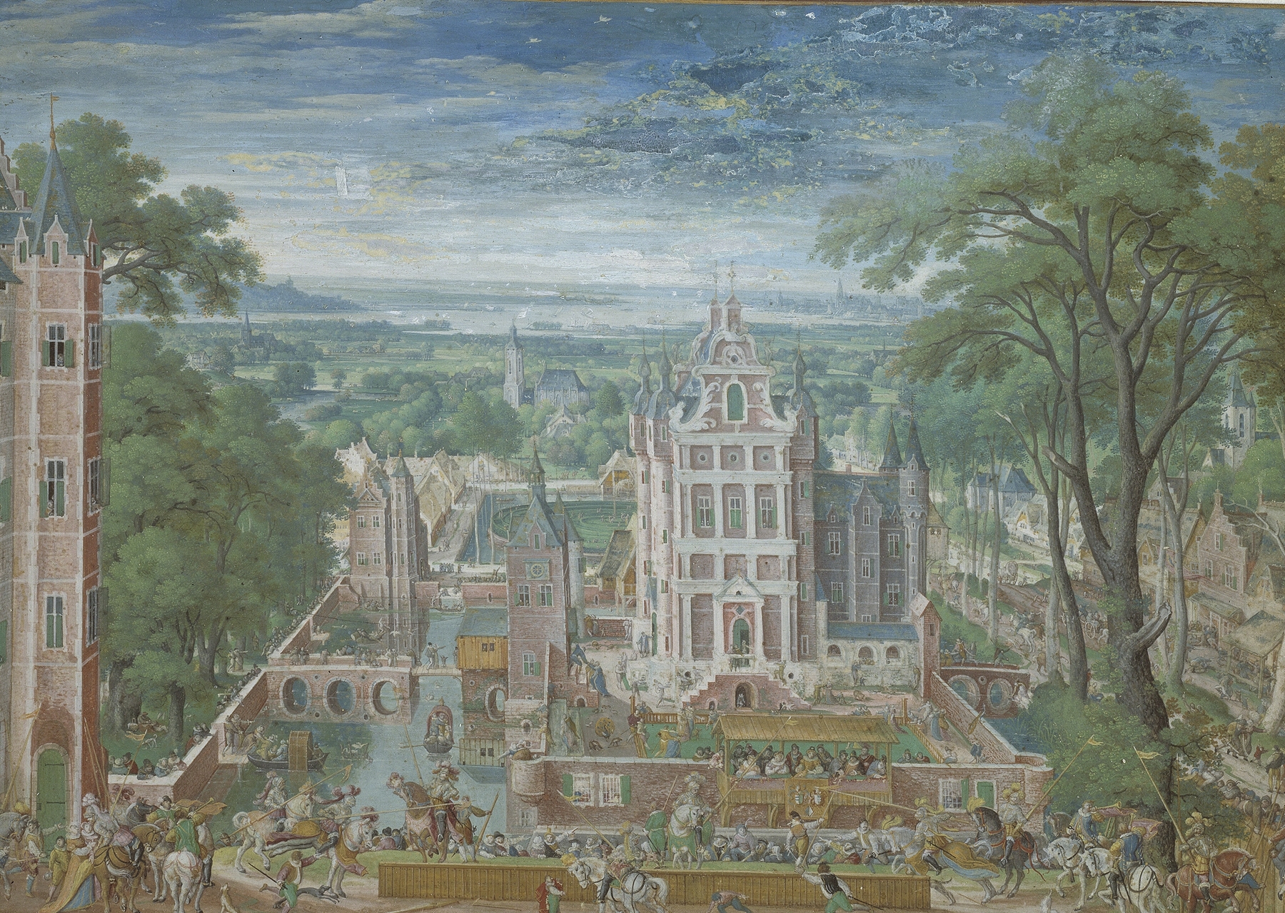 Historical scene of knights competing outside a castle, oil painting by Hans Bol