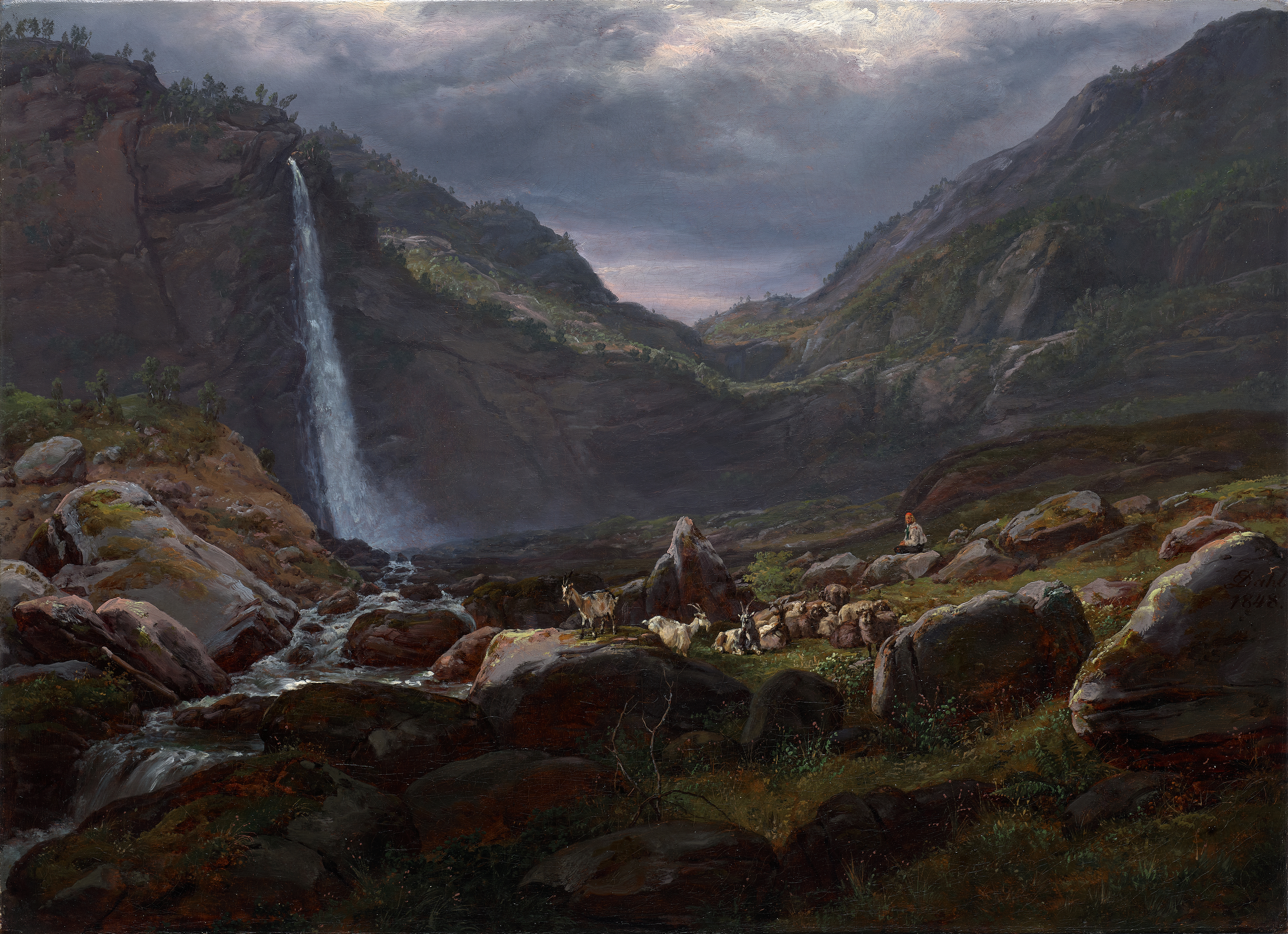 Feige Waterfall, oil painting by Johan Christian Dahl, depicting a waterfall in Norway