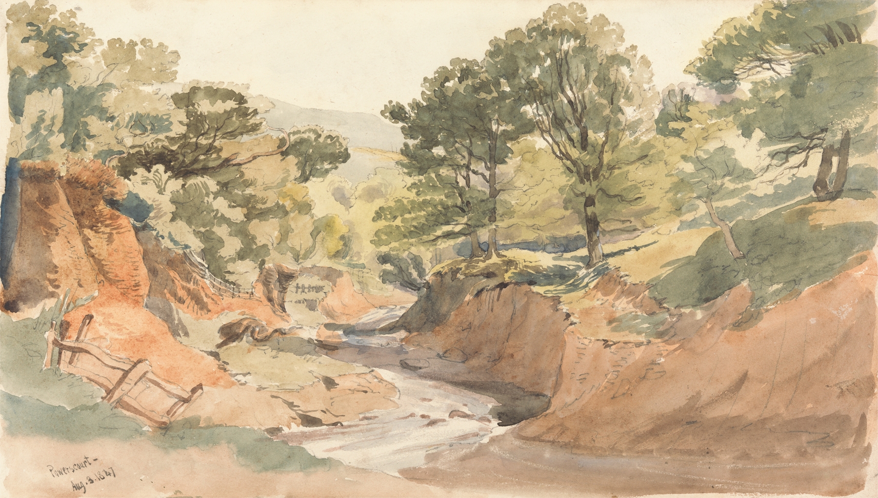 Landscape View at Powerscourt by Thomas Creswick, oil on canvas depicting serene hills and sky.
