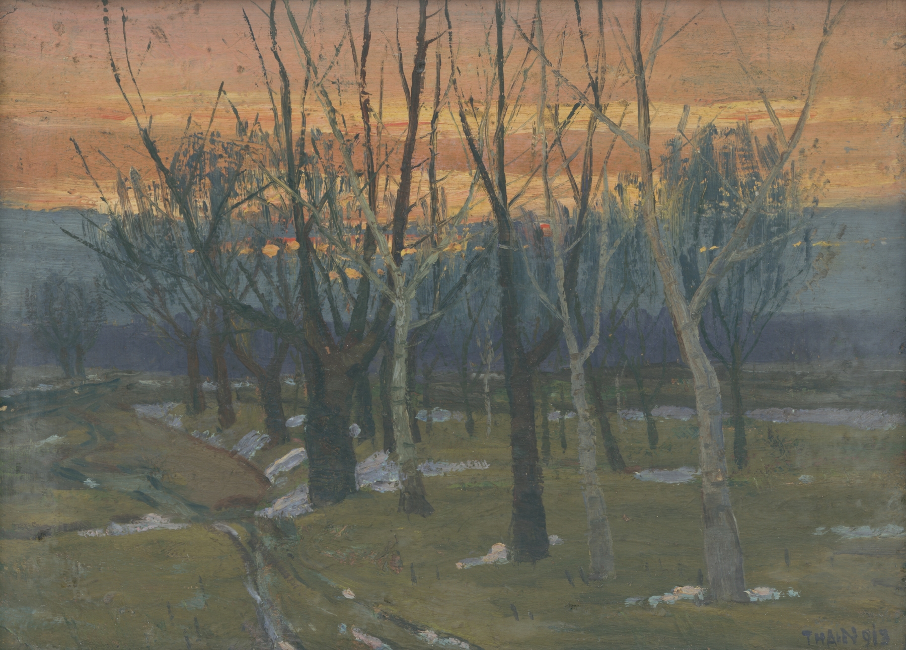 Landscape oil painting by Ján Thain featuring shadowy trees and golden light.