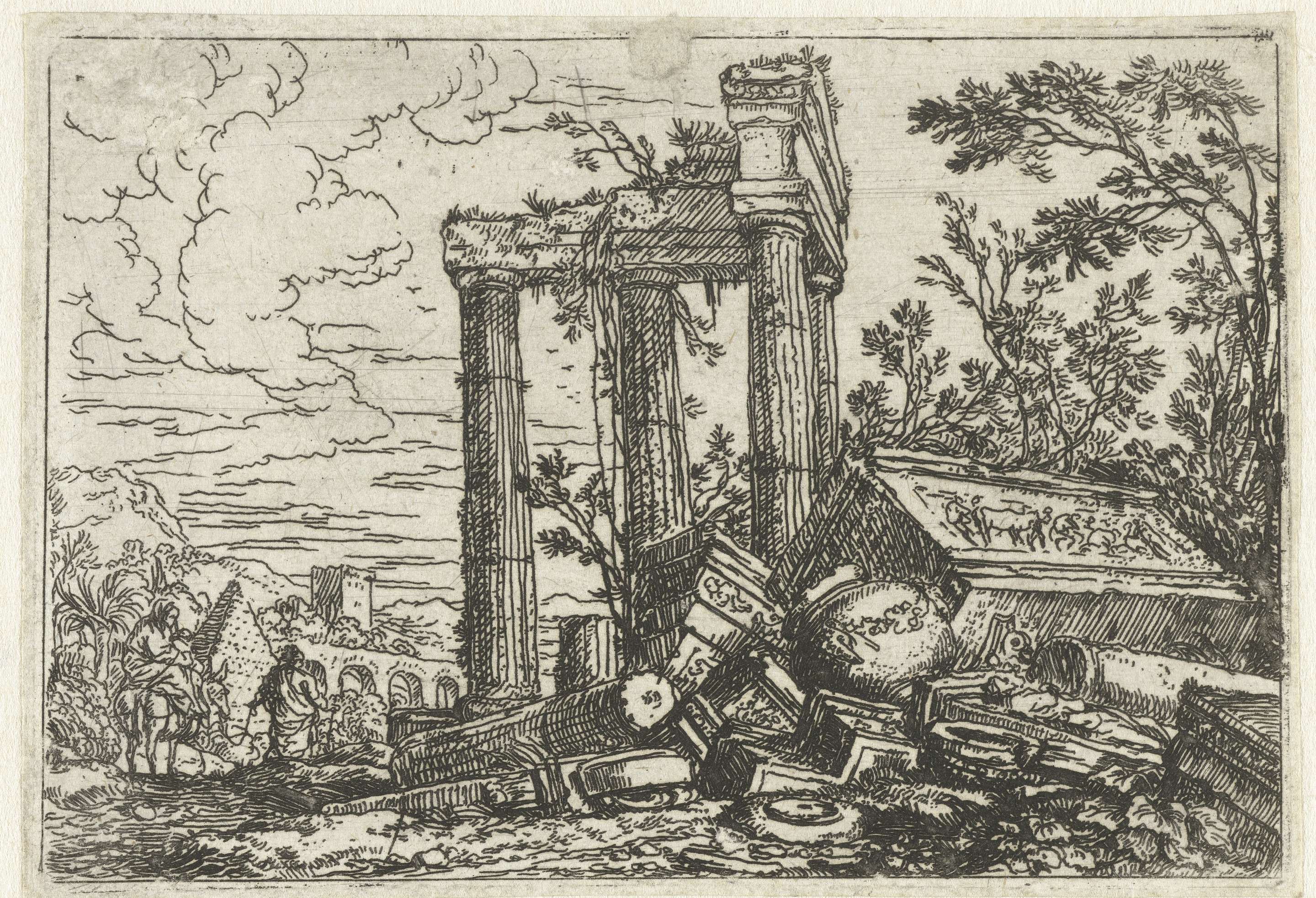 Ruïnelandschap met de vlucht naar Egypte etching by Jonas Umbach depicting ruins and a sacred flight.