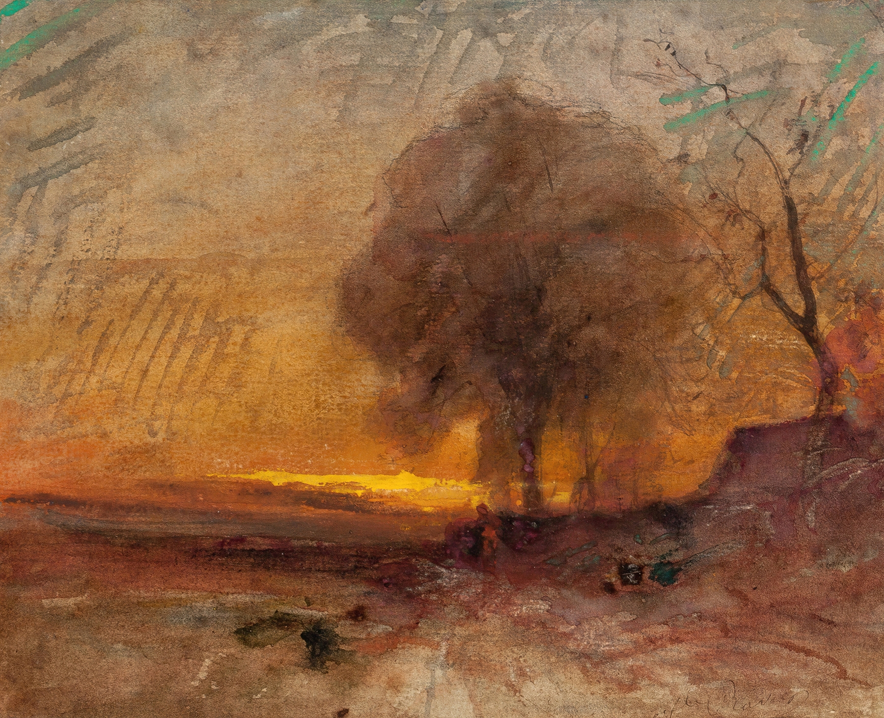 Landscape at Dusk by François-Auguste Ravier, oil on canvas depicting a serene twilight horizon.