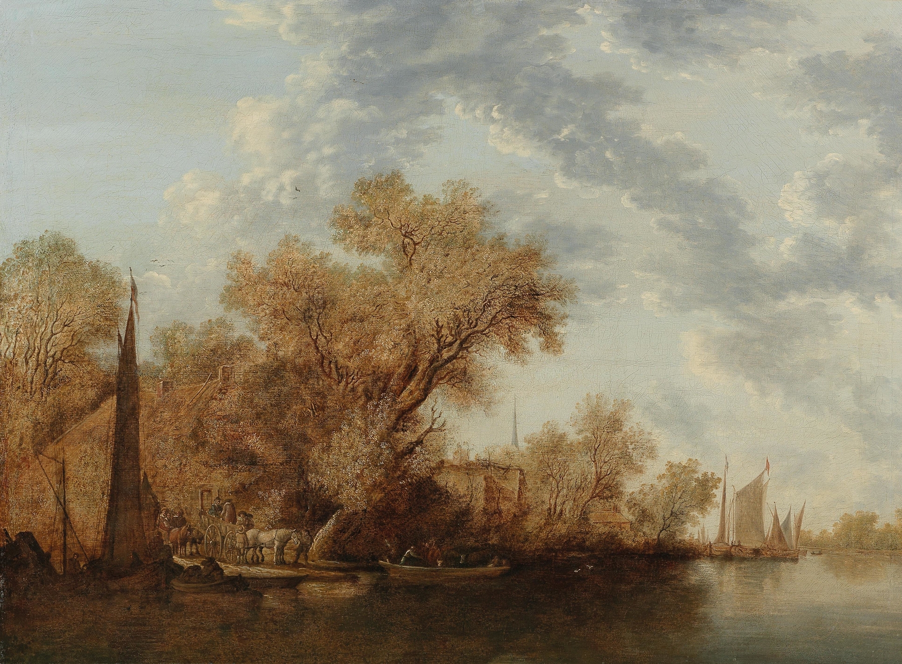 A river landscape with ferry boats, by Jacob Salomonsz. van Ruysdael, public domain