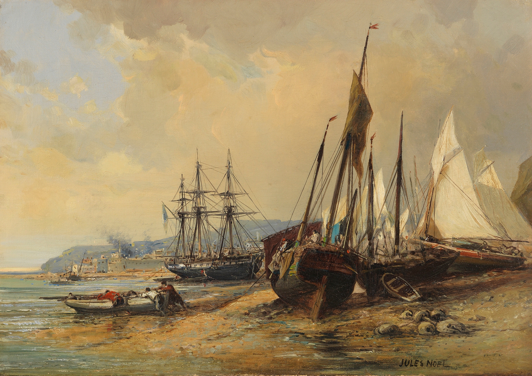 Marine scene with ships and fishing boats by Jules-Achille Noël, oil painting
