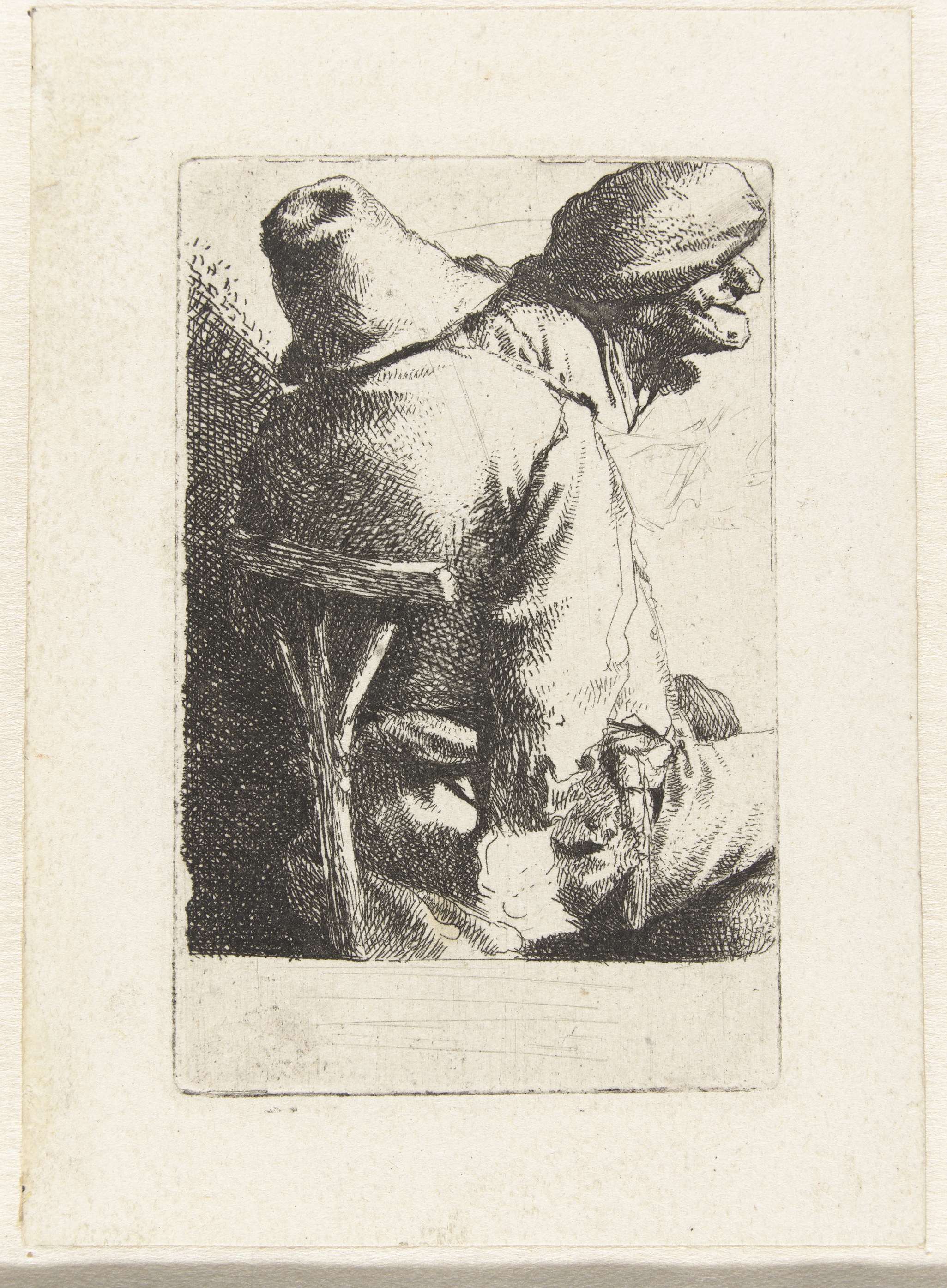 Etching by Cornelis Pietersz. Bega of a man viewed from behind wearing a hat