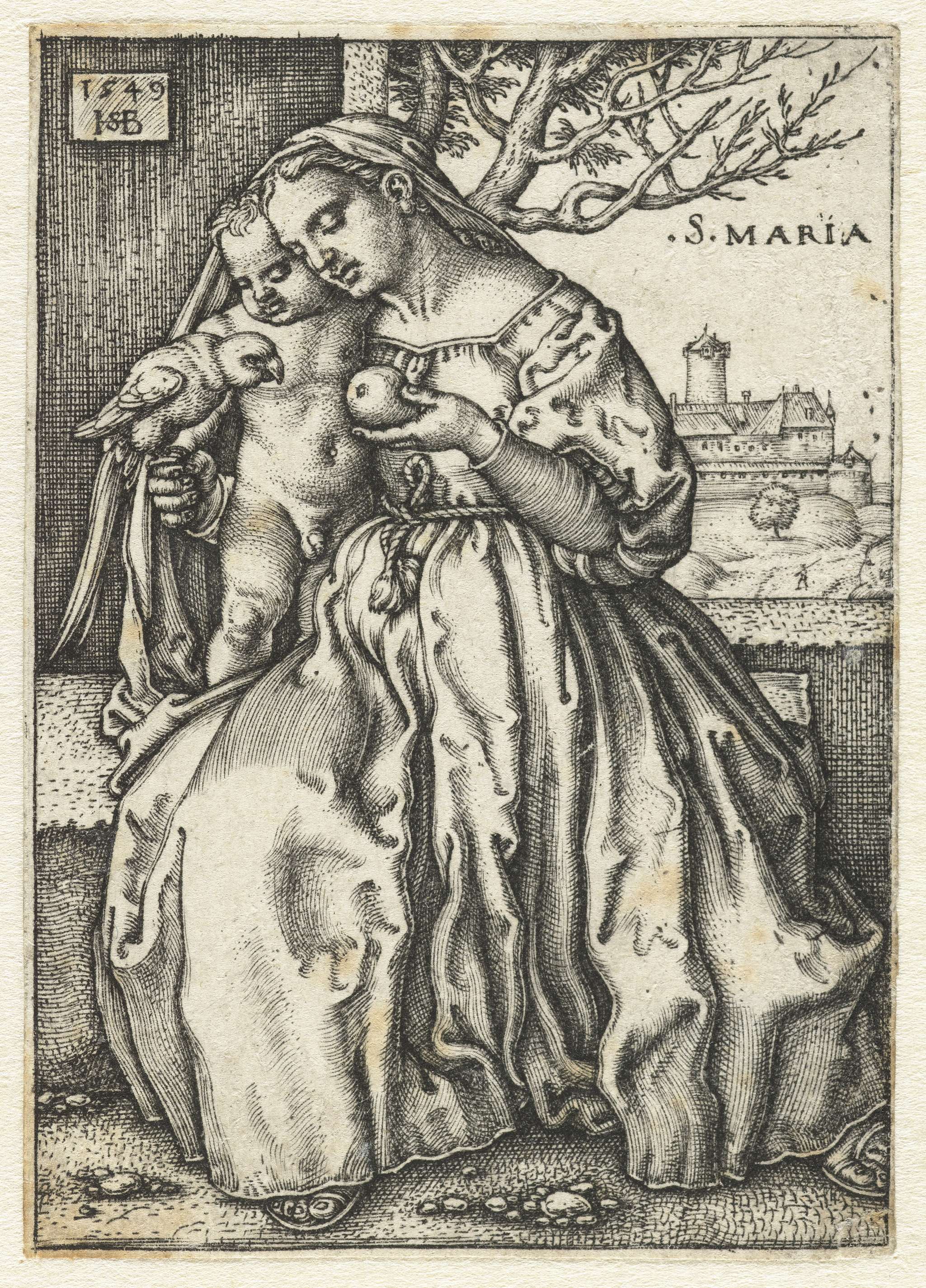Engraving by Hans Sebald Beham depicting Maria with child and parrot