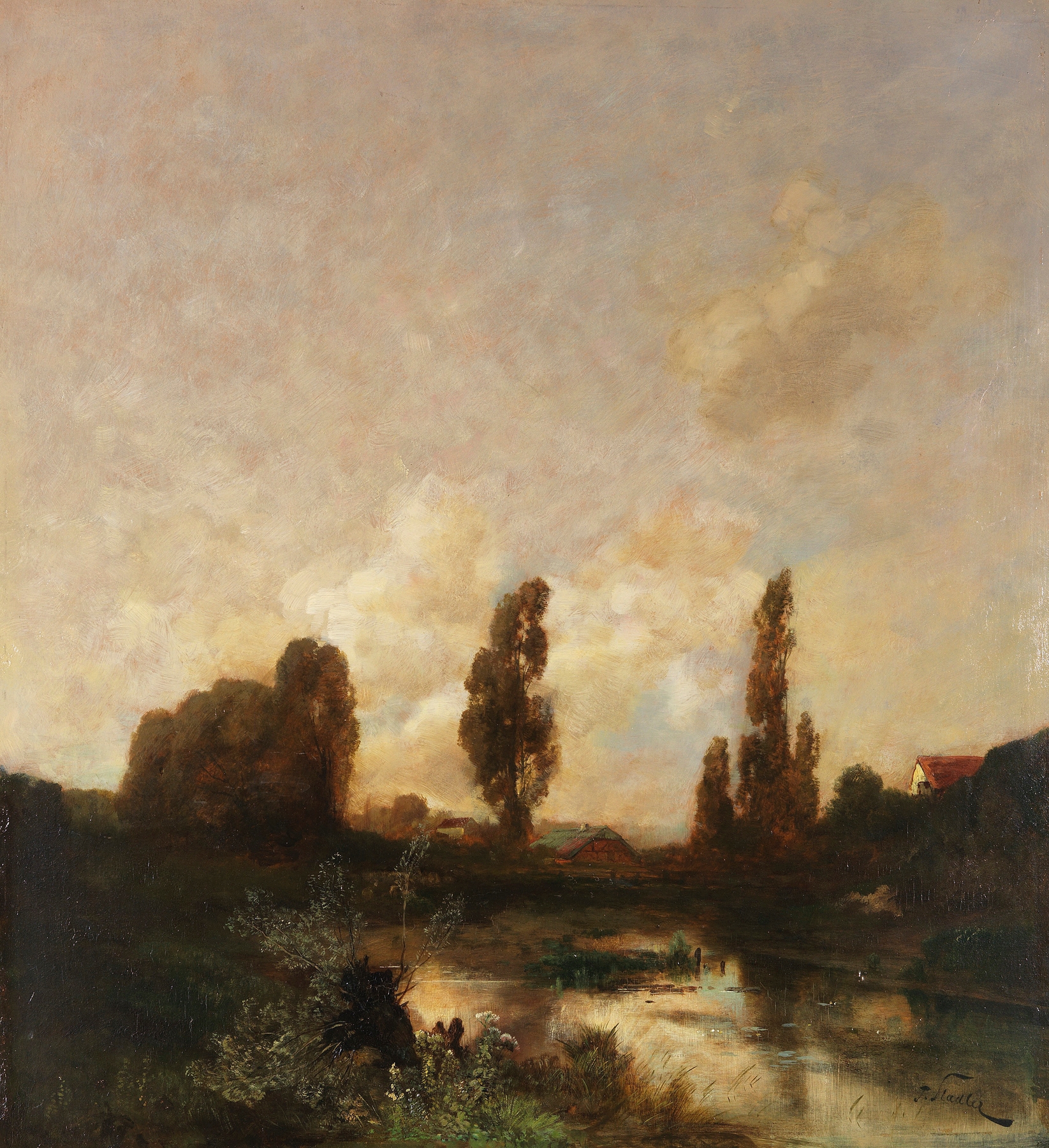 Landscape featuring cottages and rolling hills by Toni von Stadler, oil painting