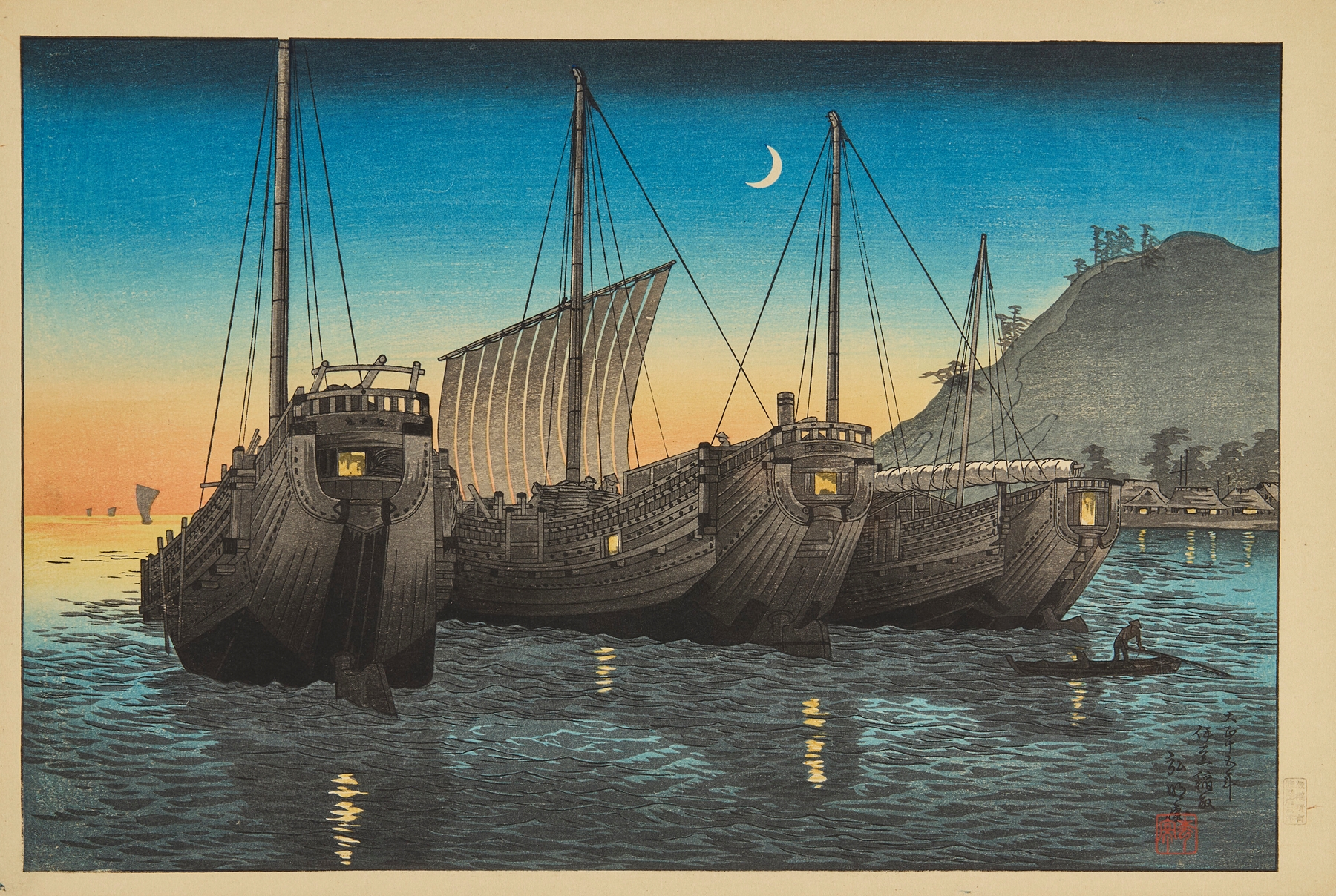 Ukiyo-e by Takahashi Hiroaki depicting junks in Inatori Bay, Izu