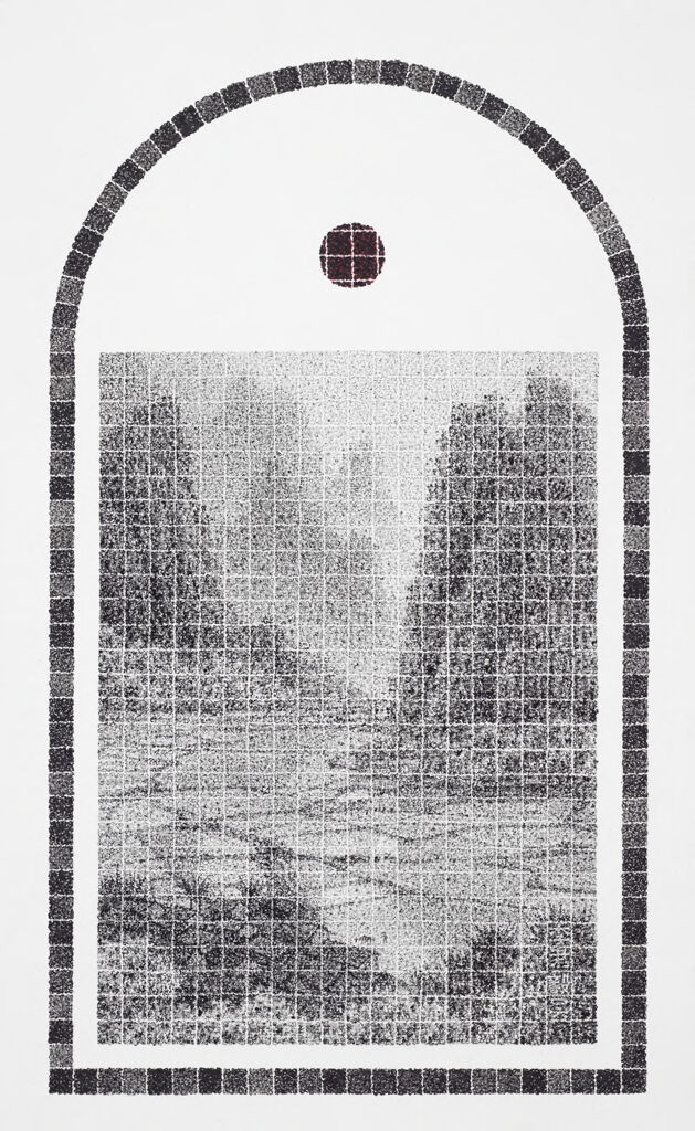 Landscape ink on paper by Lee Chun-Yi depicting mountains over a rural village and paddy fields.