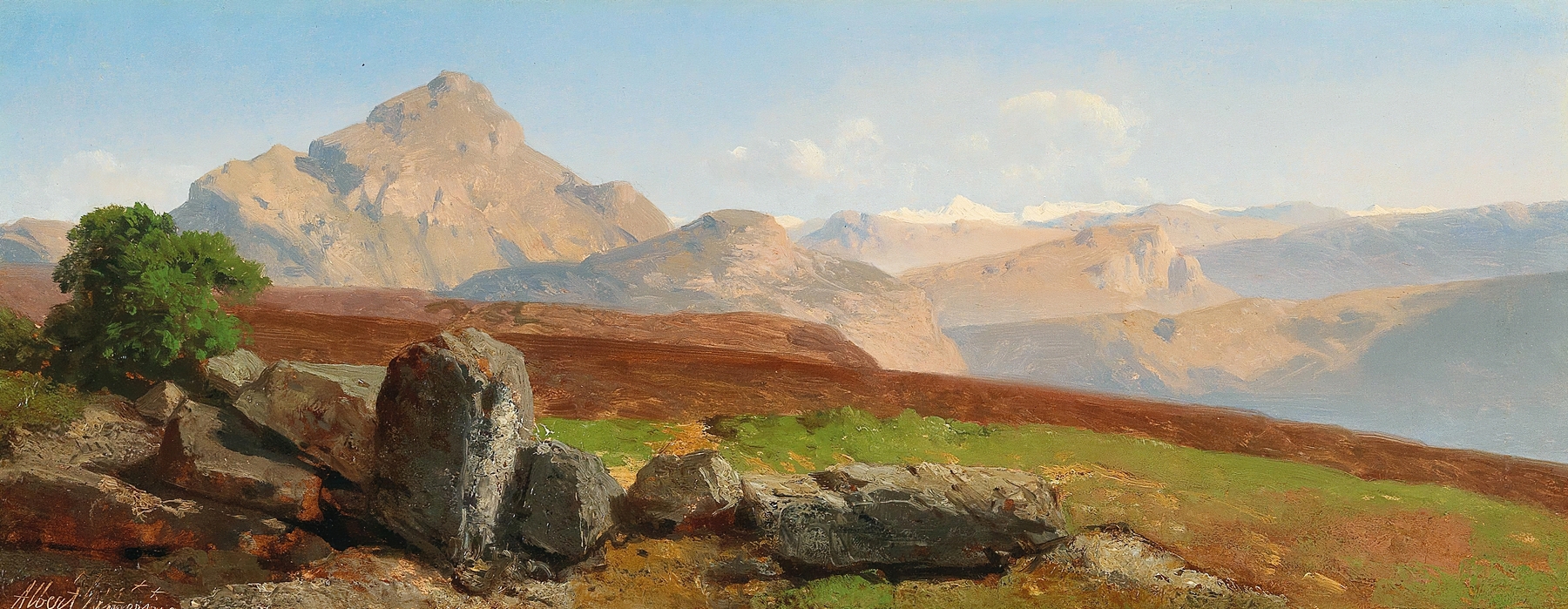 Mountain landscape by Albert Zimmermann, oil painting depicting rugged peaks and a muted sky.