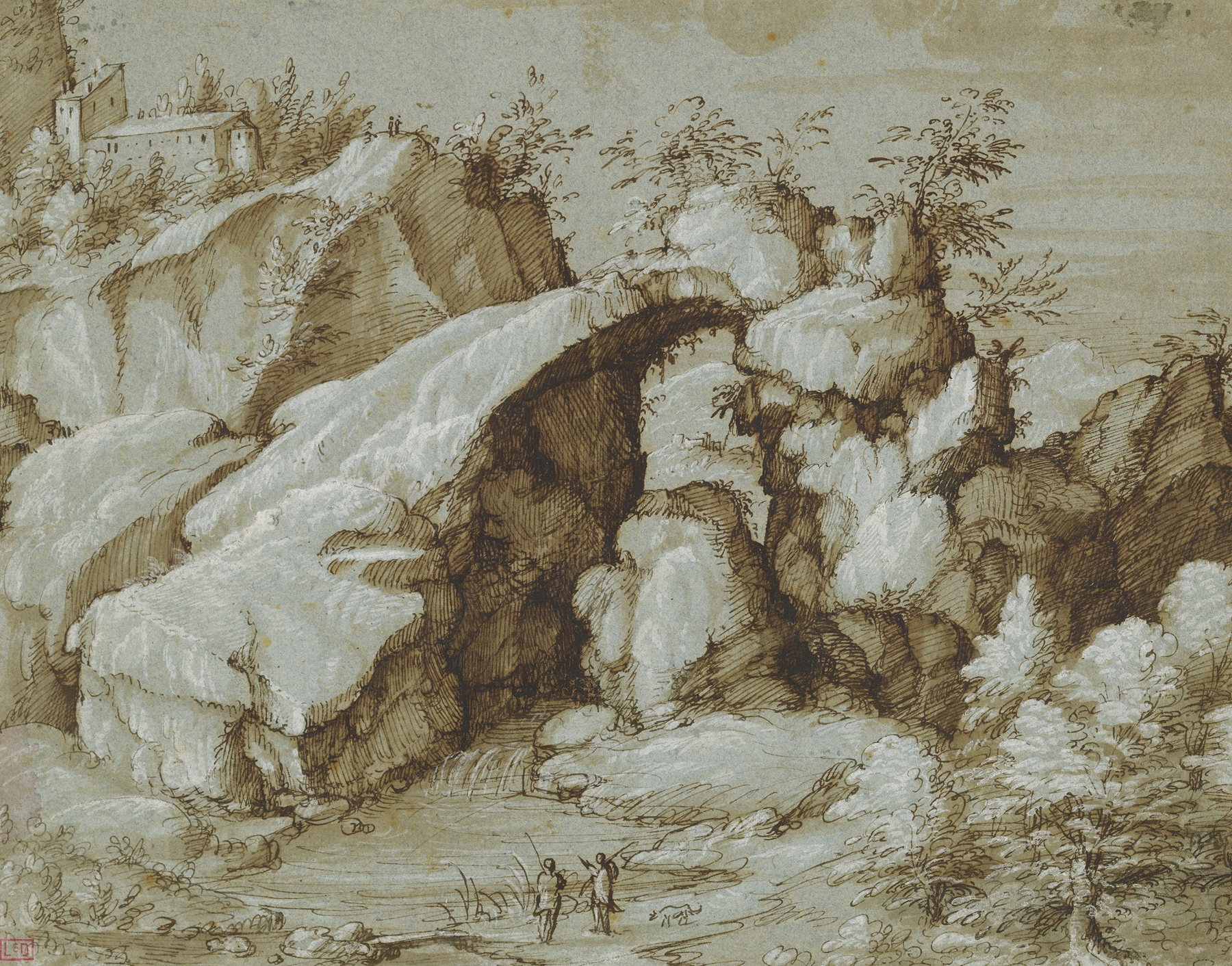 Rocky landscape with a natural arch, oil on canvas by Gherardo Cibo