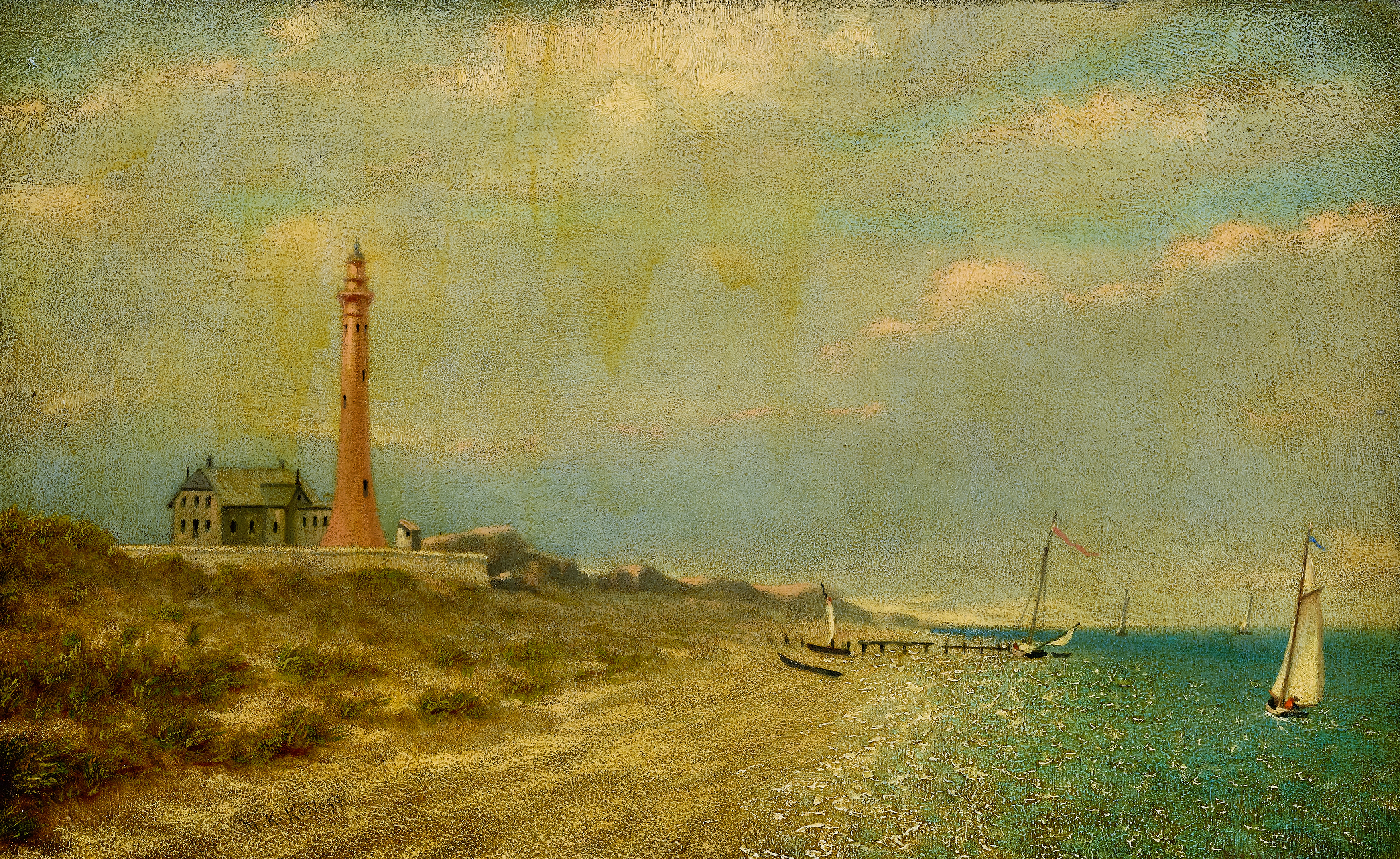 Fire Island Lighthouse by Miner Kilbourne Kellogg, oil painting depicting a lighthouse amidst waves and clouds.