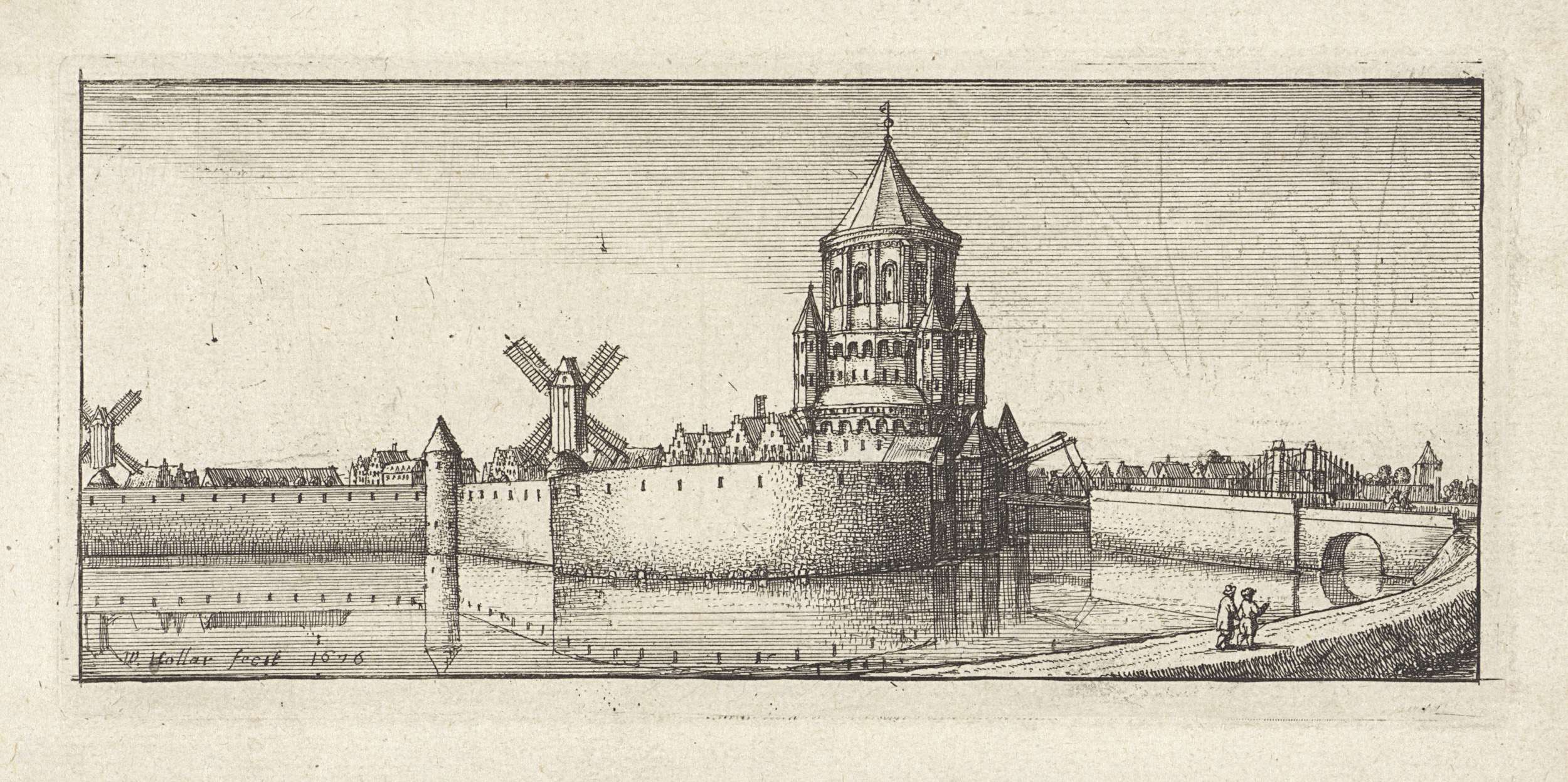 Gezicht op de Kleine Houtpoort te Haarlem, etching by Wenceslaus Hollar depicting a historical city gateway