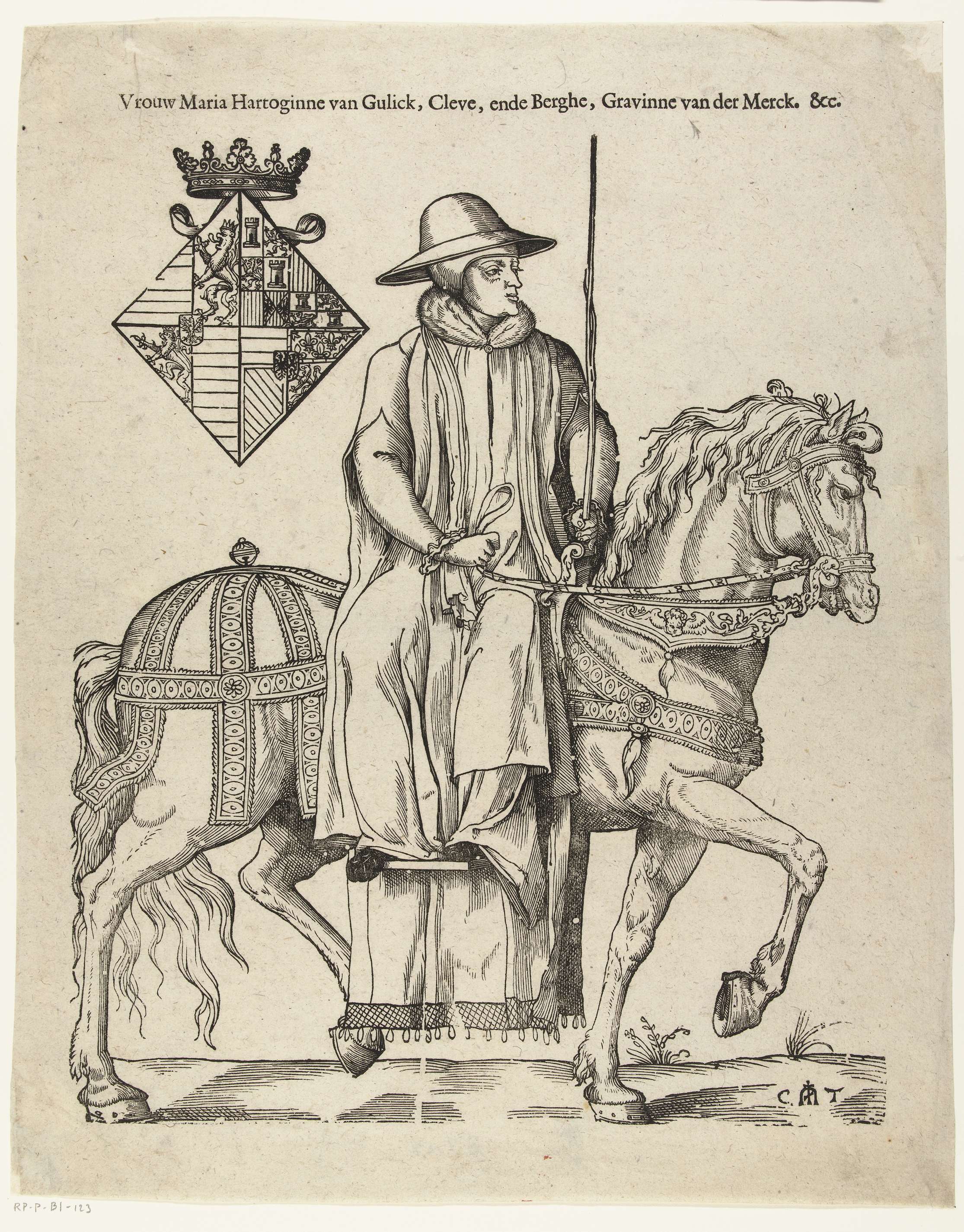 Portrait of Maria van Gulik on horseback, paper, by Cornelis Anthonisz